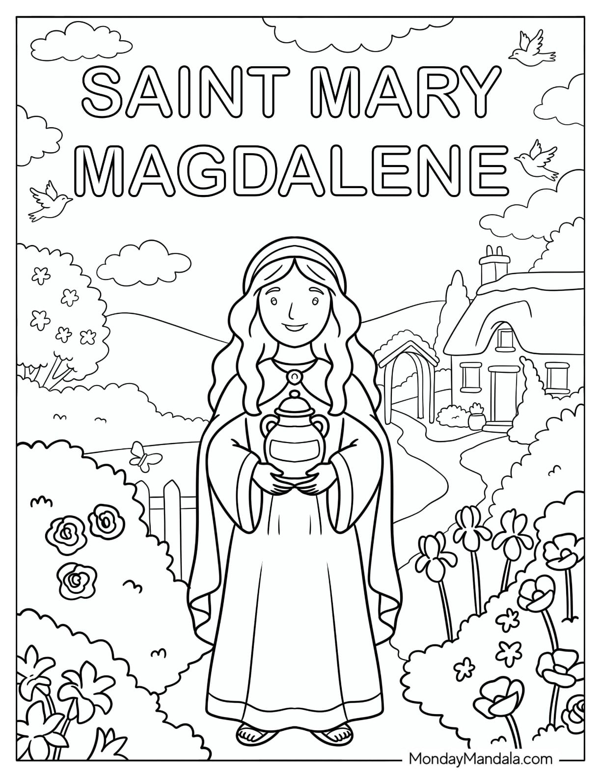 Saint Coloring Page of Mary Magdalene Standing in a Garden with a Jar