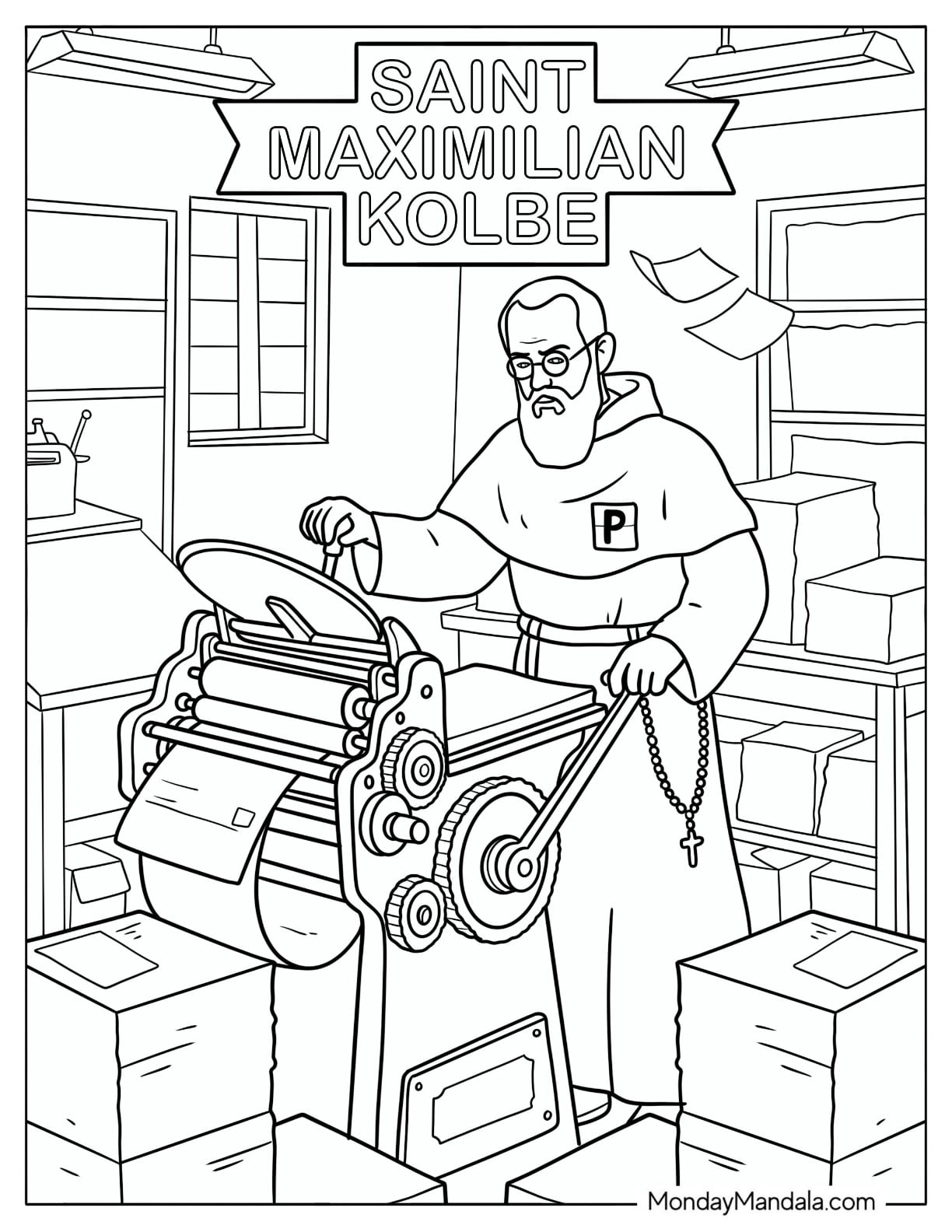 Saint Coloring Page of Maximilian Kolbe Printing in a Monastery Workshop