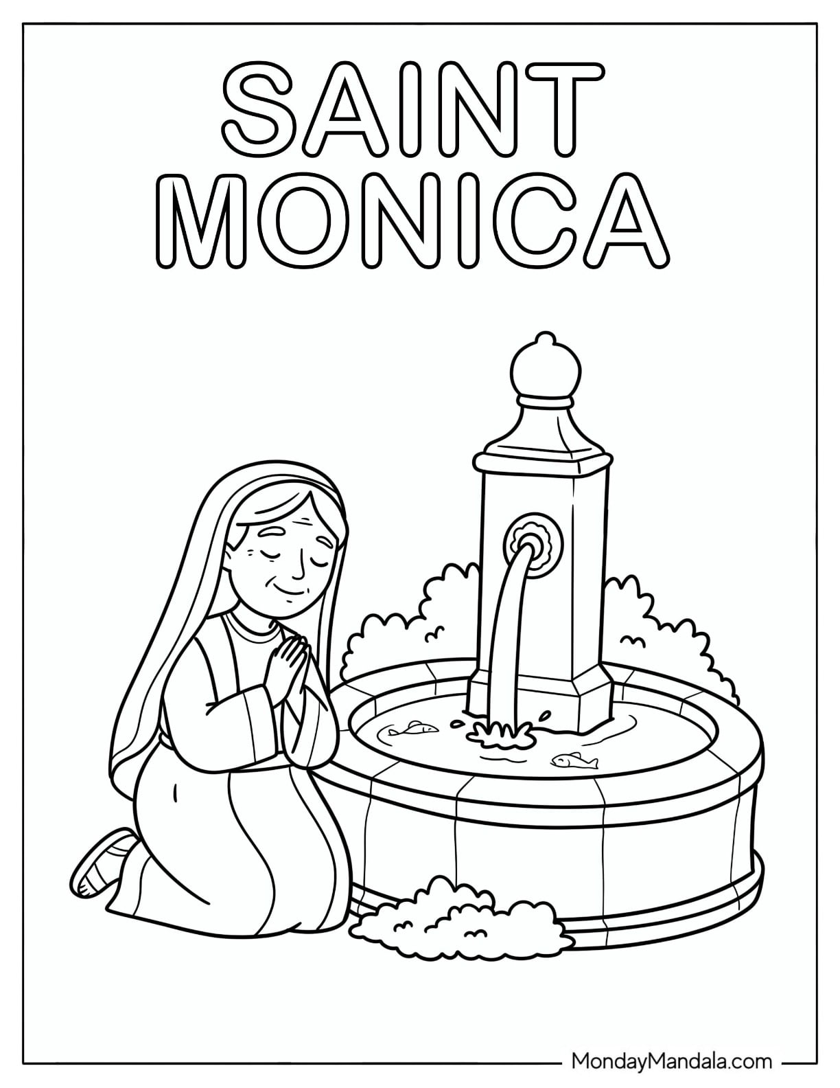 Saint Coloring Page of Monica Praying Beside a Fountain