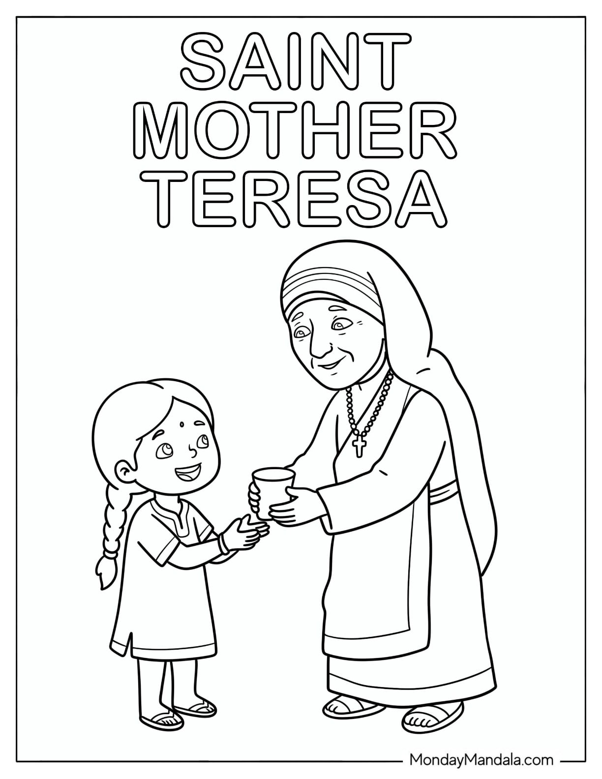 Saint Coloring Page of Mother Teresa Giving a Cup to a Child
