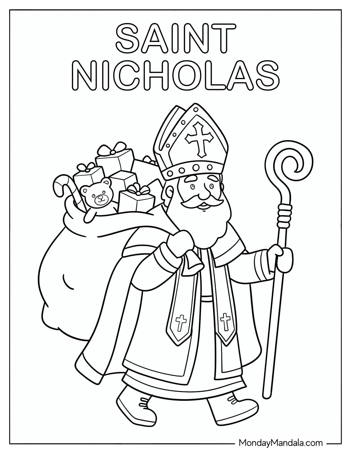 Saint Coloring Page of Nicholas Carrying a Sack of Gifts and a Bishop s Staff
