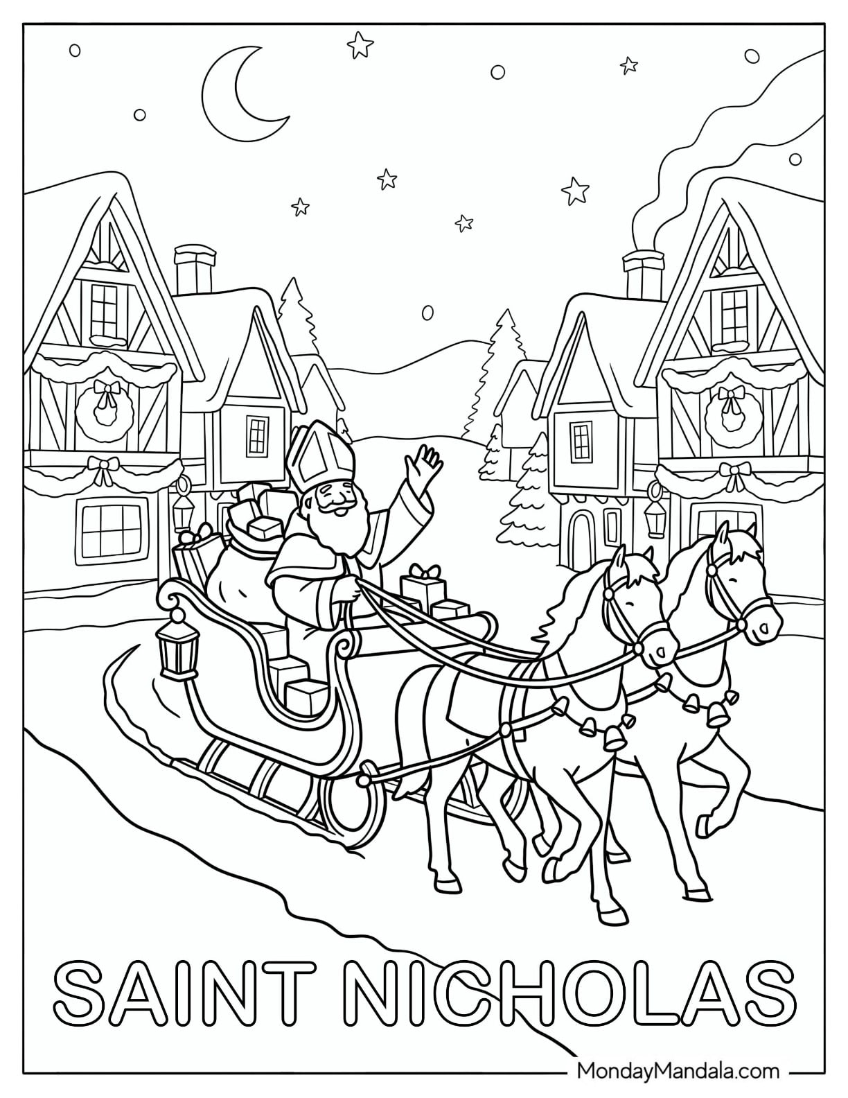 Saint Coloring Page of Nicholas Riding a Sleigh with Reindeer in a Winter Village
