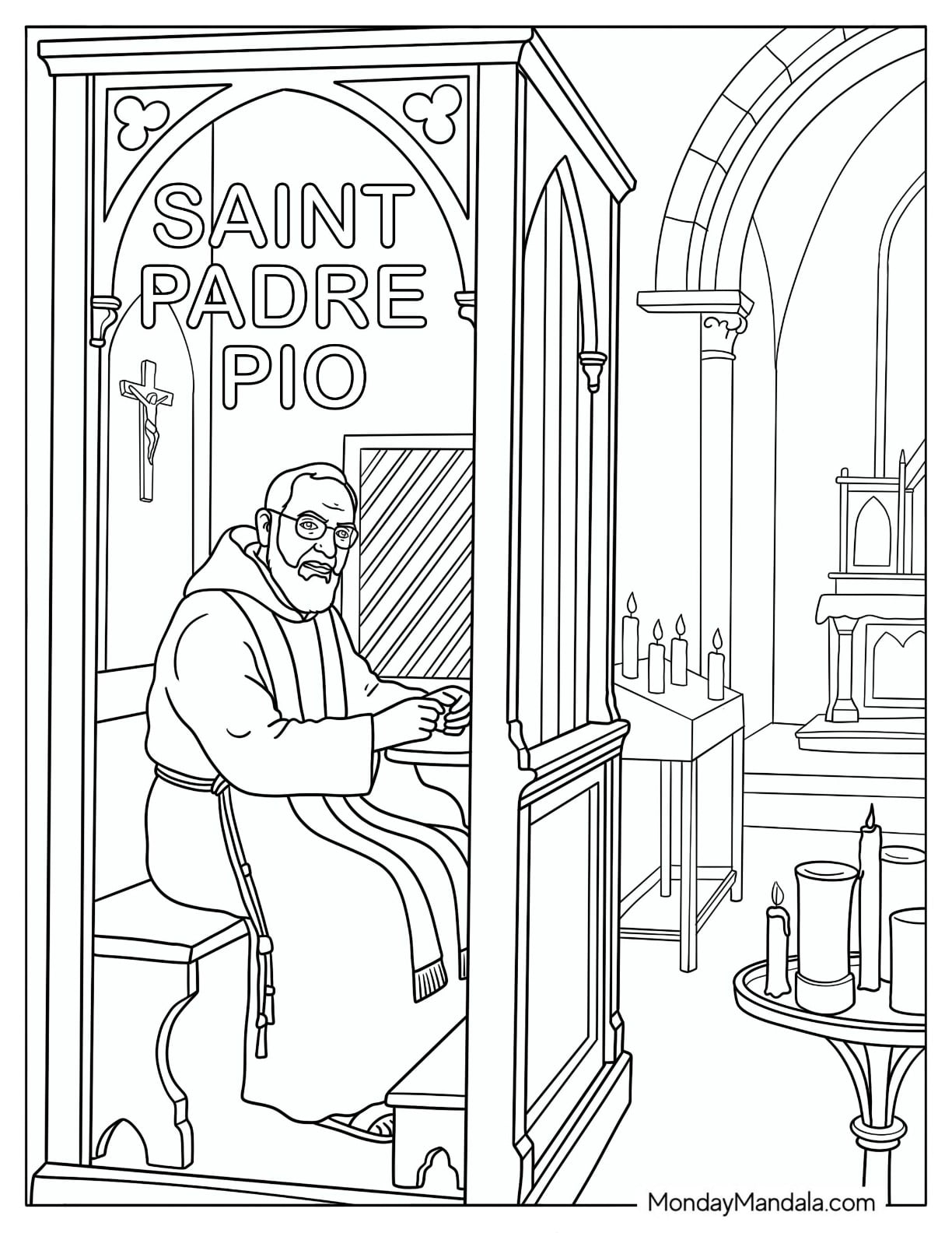 Saint Coloring Page of Padre Pio in a Church Confessional