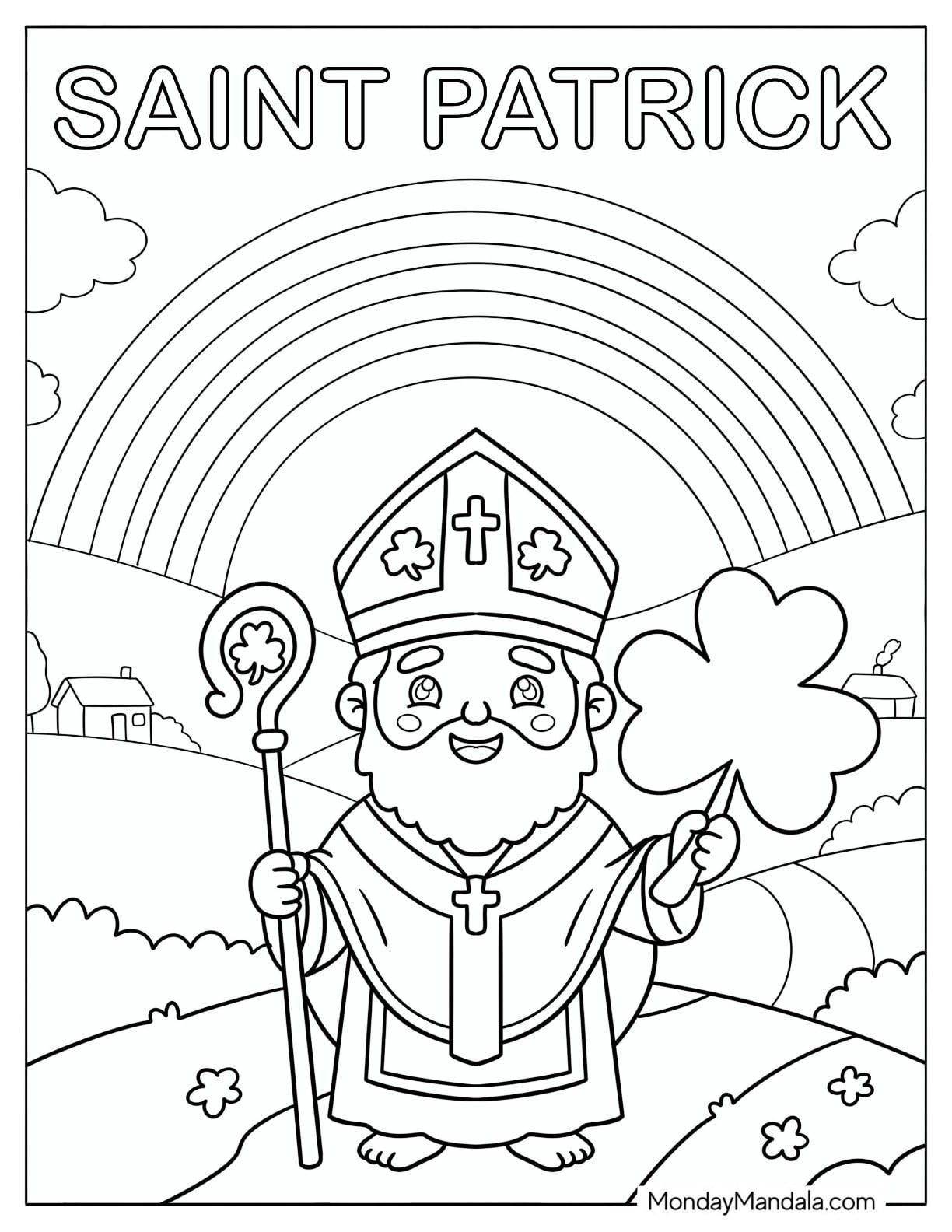 Saint Coloring Page of Patrick Holding a Shamrock and Crozier Under a Rainbow
