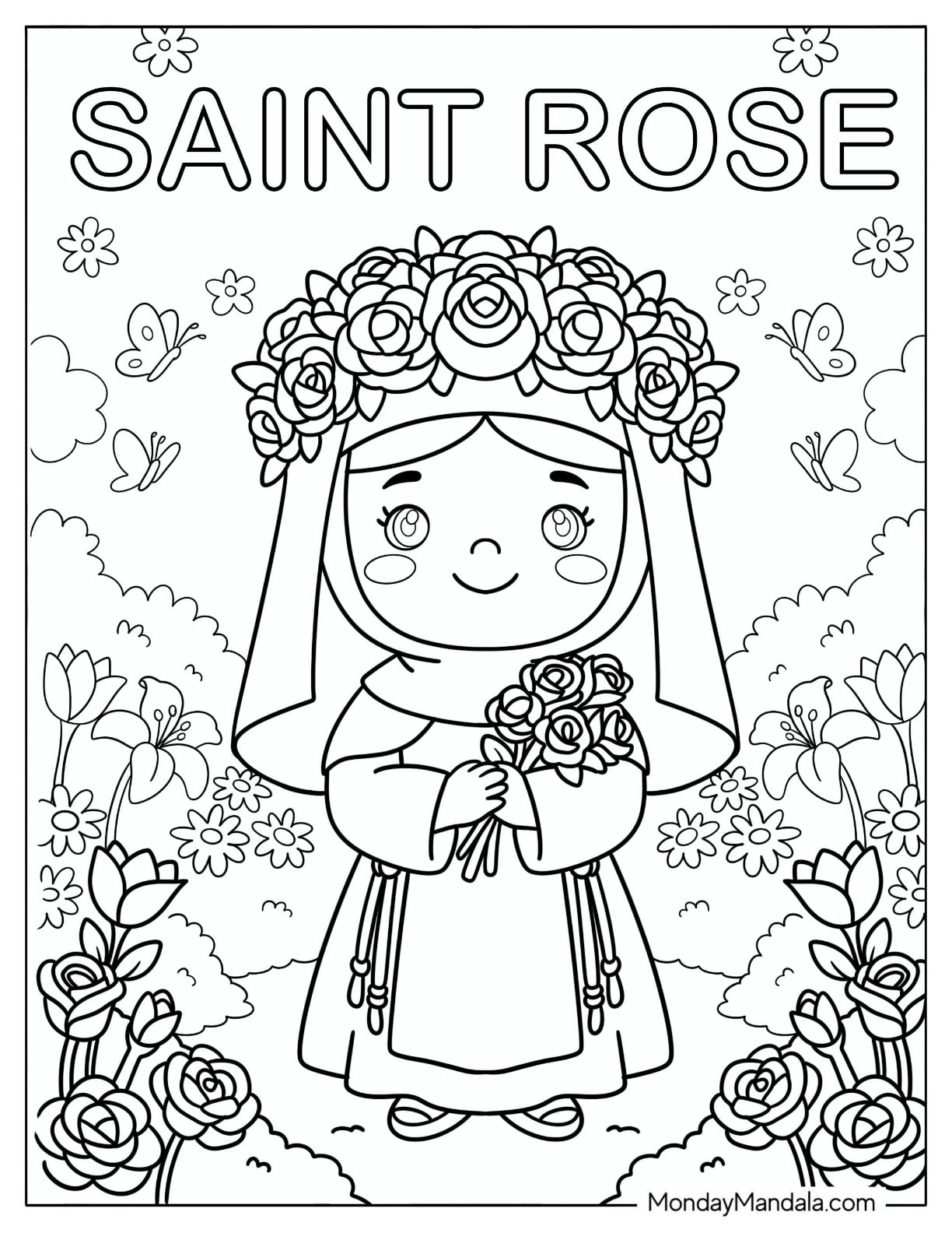 Saint Coloring Page of Rose of Lima Holding Roses in a Garden for Kids