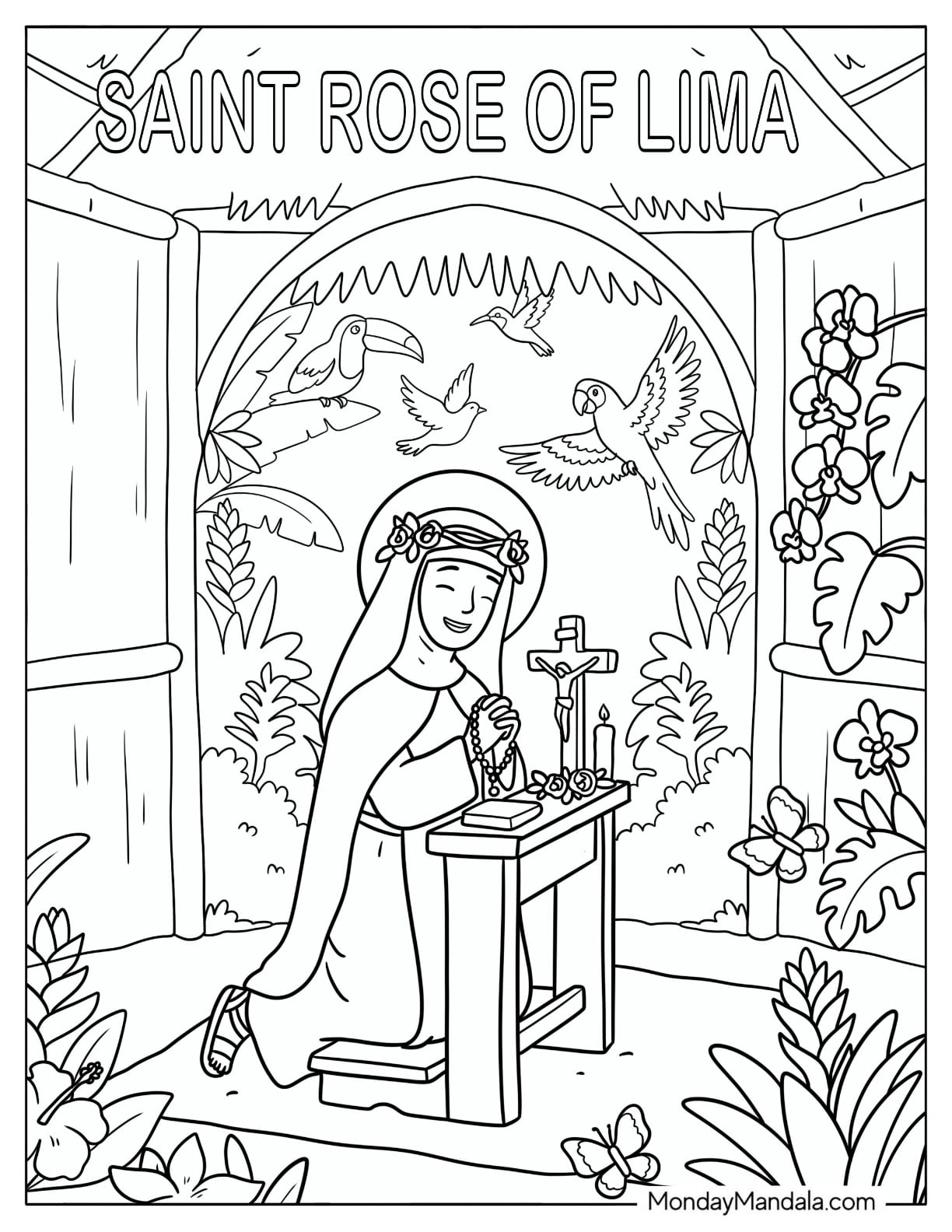 Saint Coloring Page of Rose of Lima Praying at an Altar in a Garden