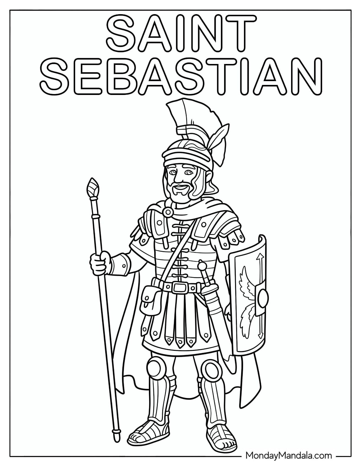 Saint Coloring Page of Sebastian Holding a Spear and Shield in Roman Armor