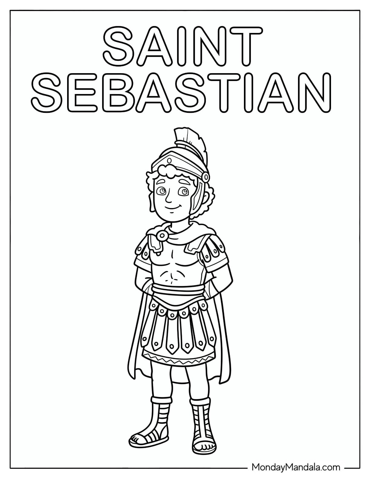 Saint Coloring Page of Sebastian in Roman Soldier Armor for Kids