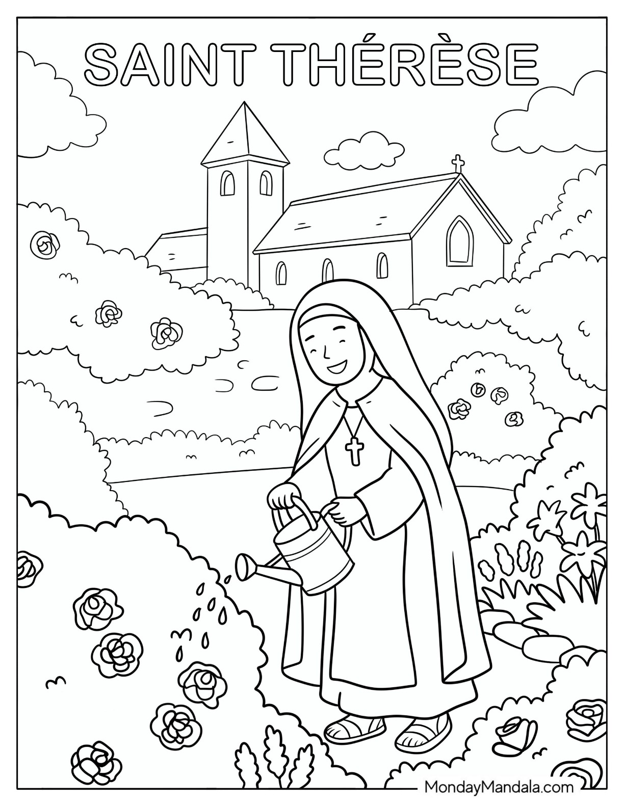 Saint Coloring Page of Therese Watering a Rose Bush