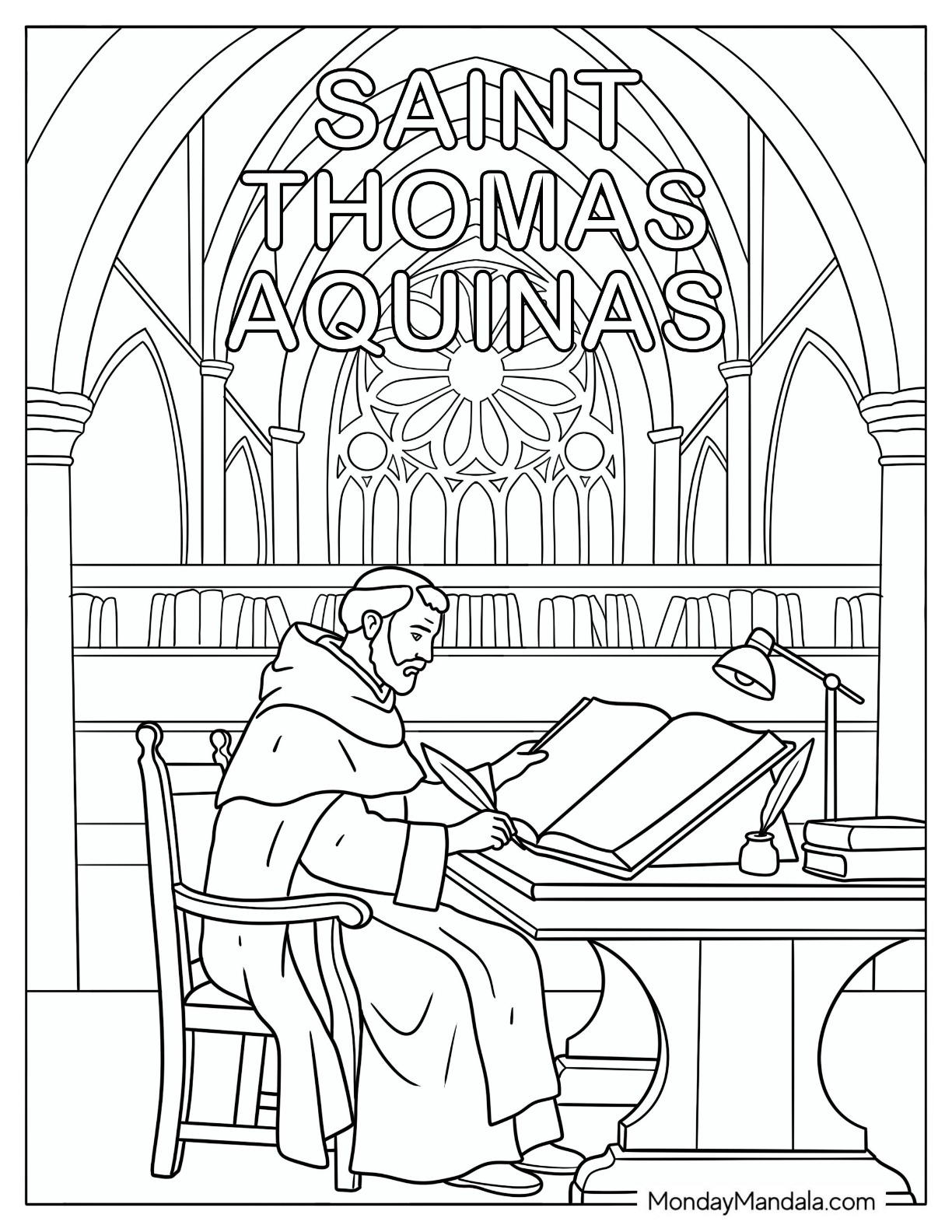 Saint Coloring Page of Thomas Aquinas Writing at a Desk in a Cathedral Library