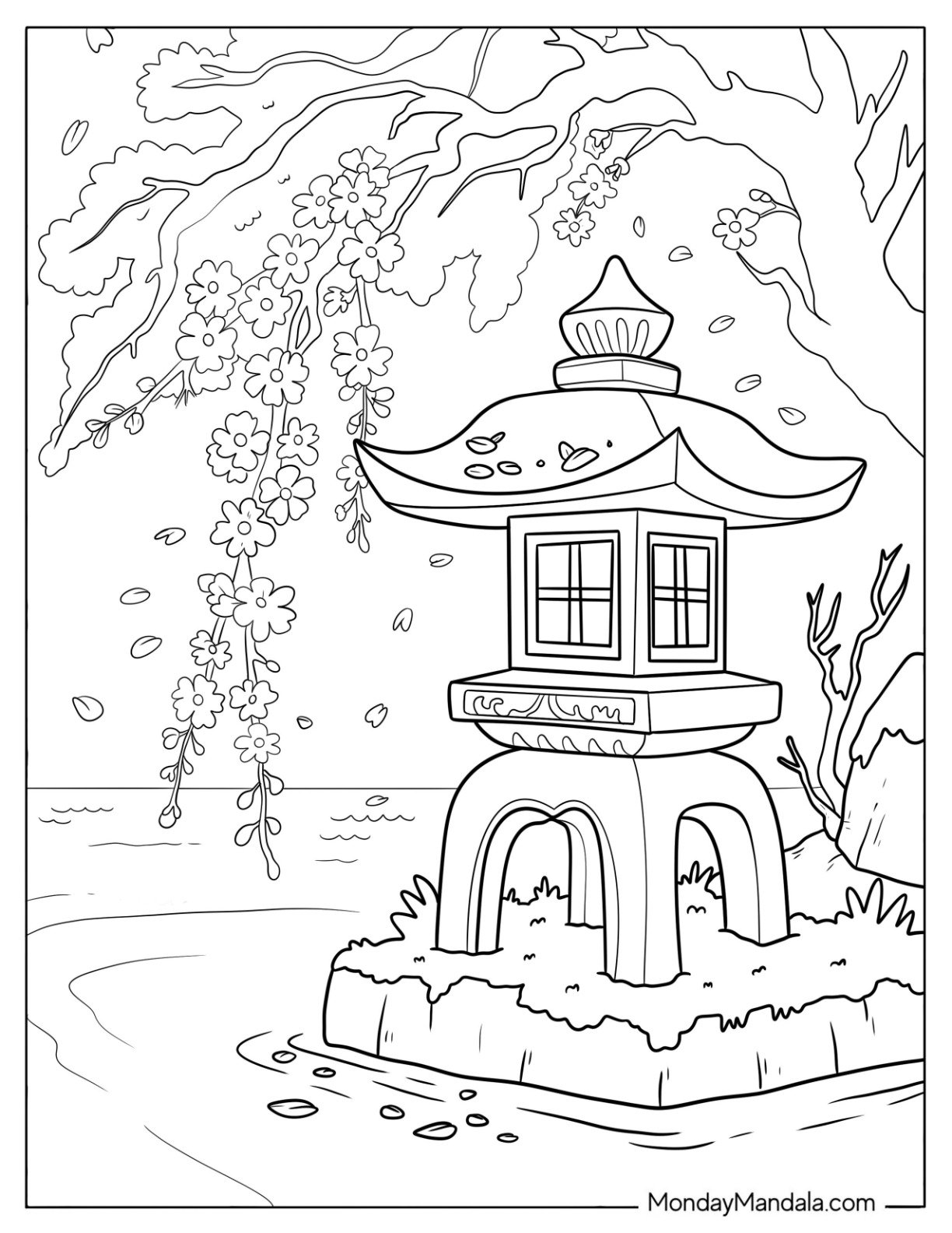 Flower Coloring Page of Sakura Cherry Blossoms Falling On Japanese Lantern