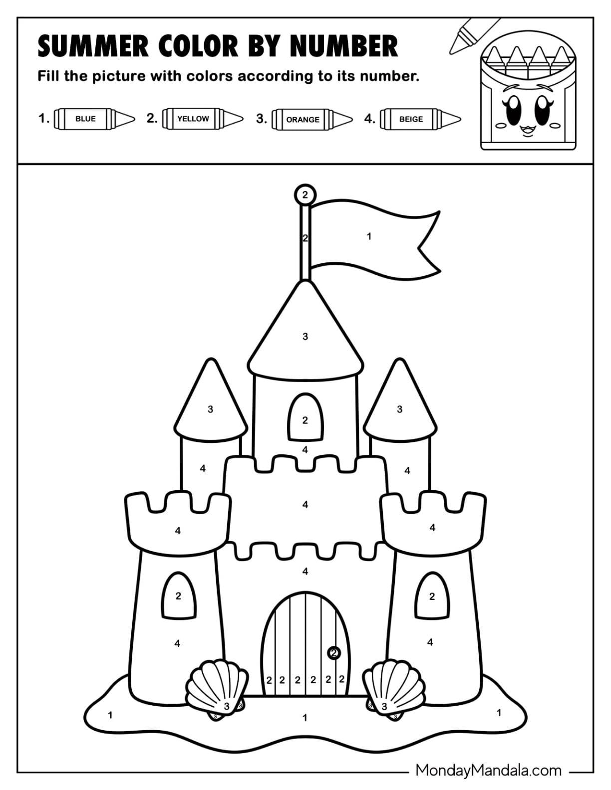 Sandcastle on the Beach Summer Color by Number for Preschoolers