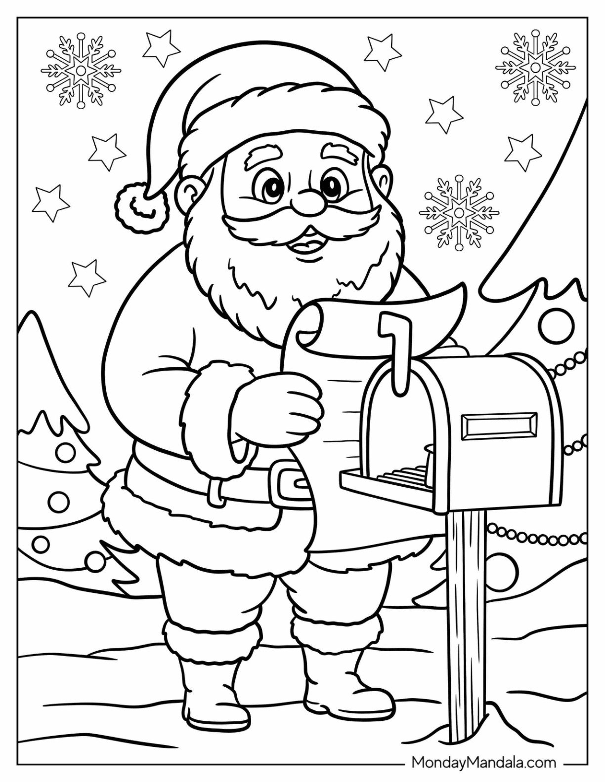 Santa Checking Christmas Mail at the North Pole Coloring Page for Kids