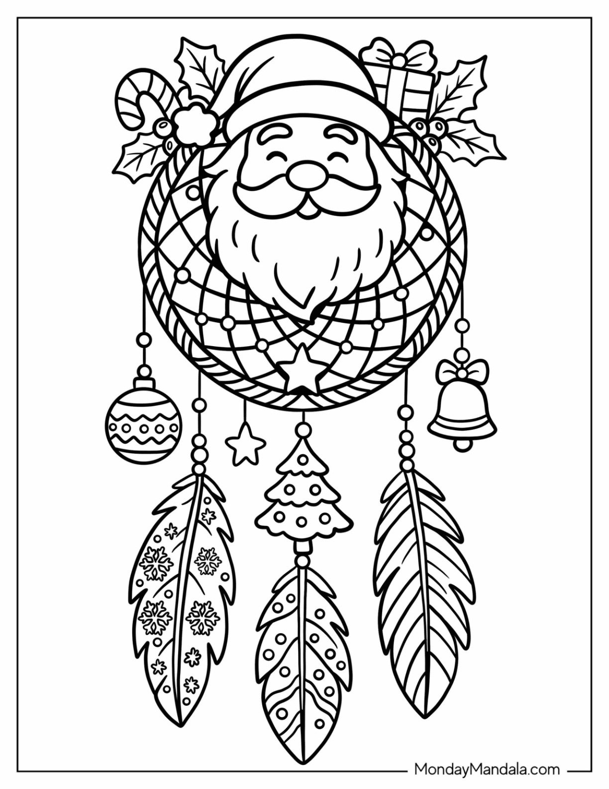 Santa Christmas Dreamcatcher with Ornaments and Holly Coloring Page for Kids
