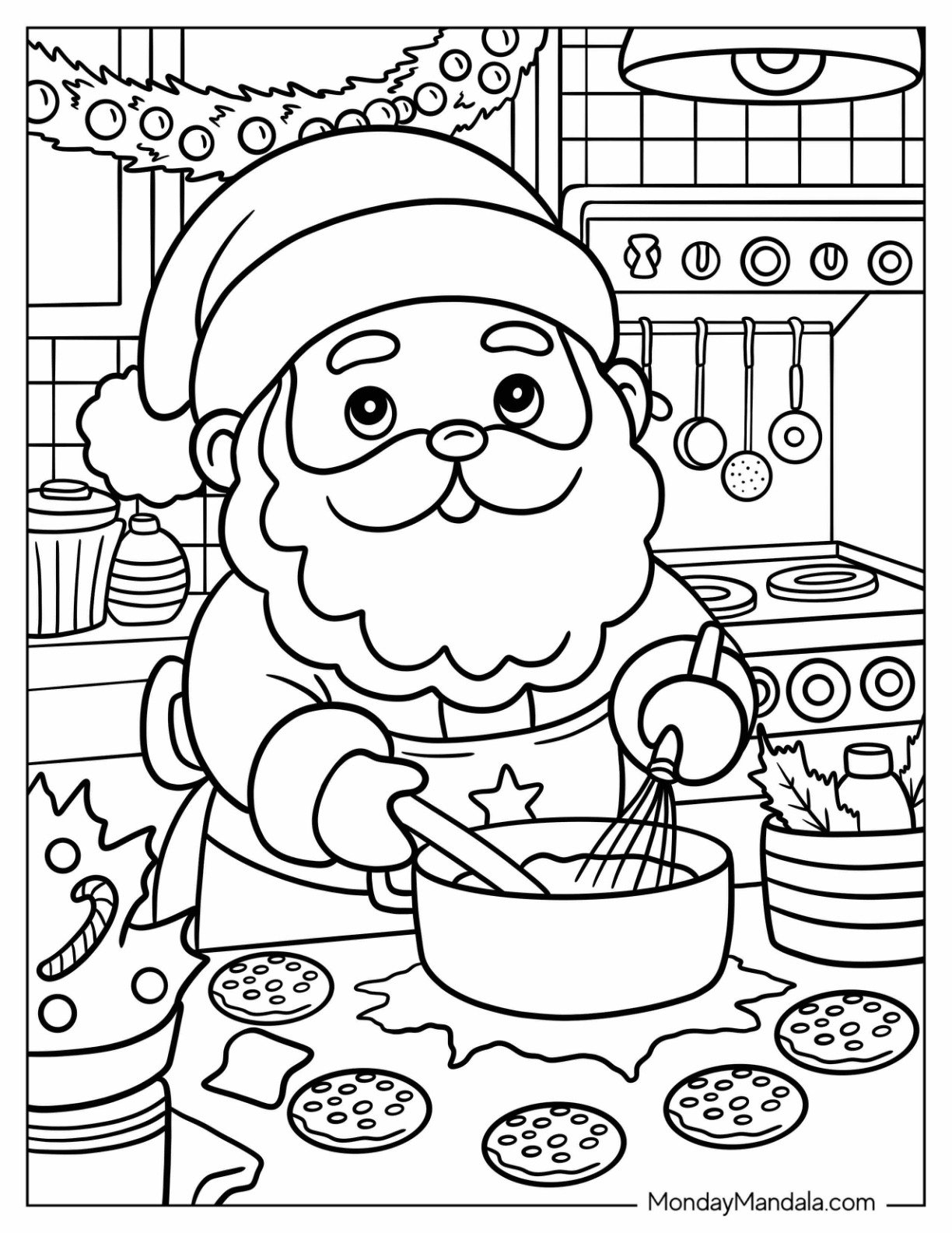 Santa Coloring Page of Claus Baking Christmas Cookies in Festive Kitchen