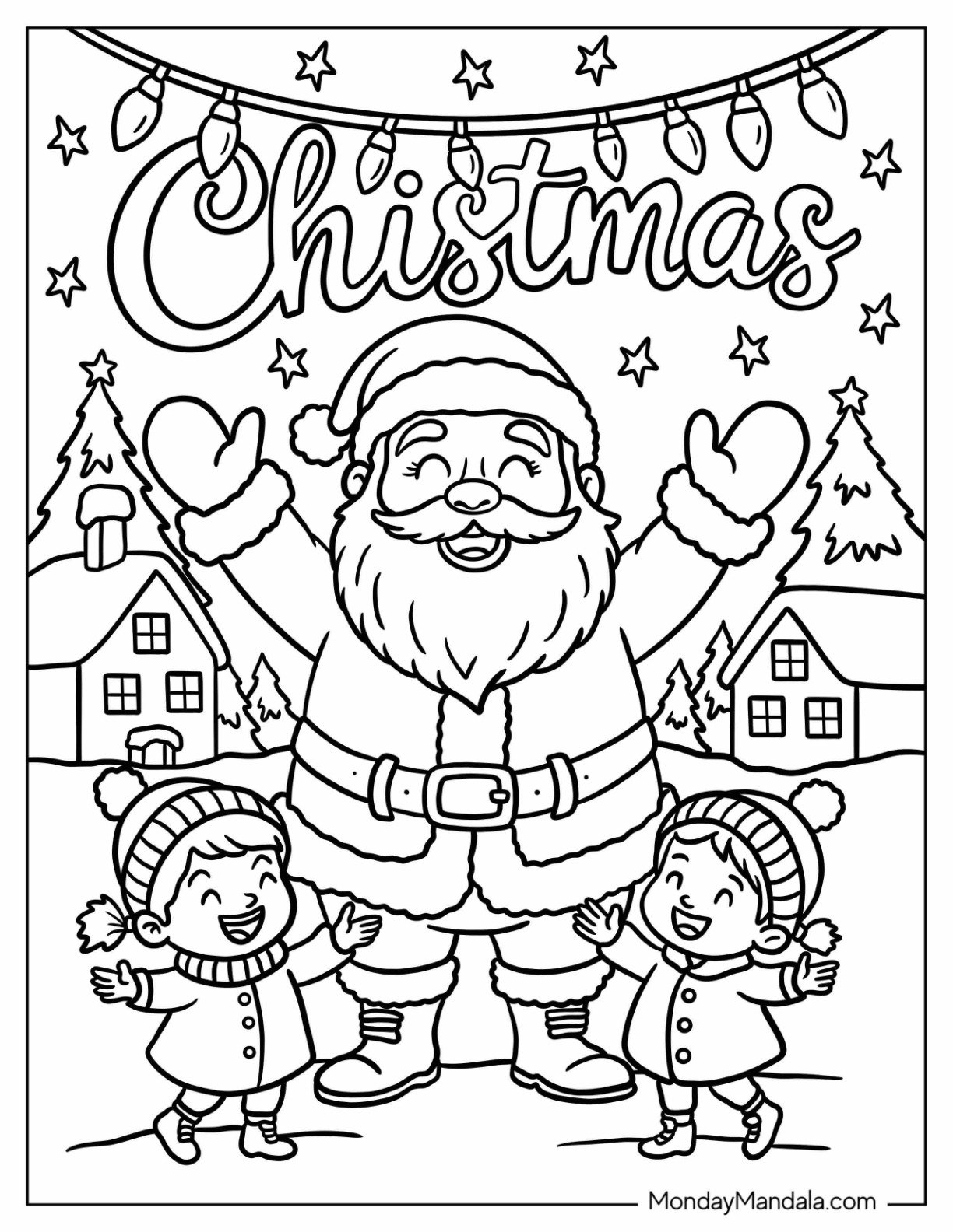 Santa Coloring Page of Celebrating Christmas with Children in Snowy Village