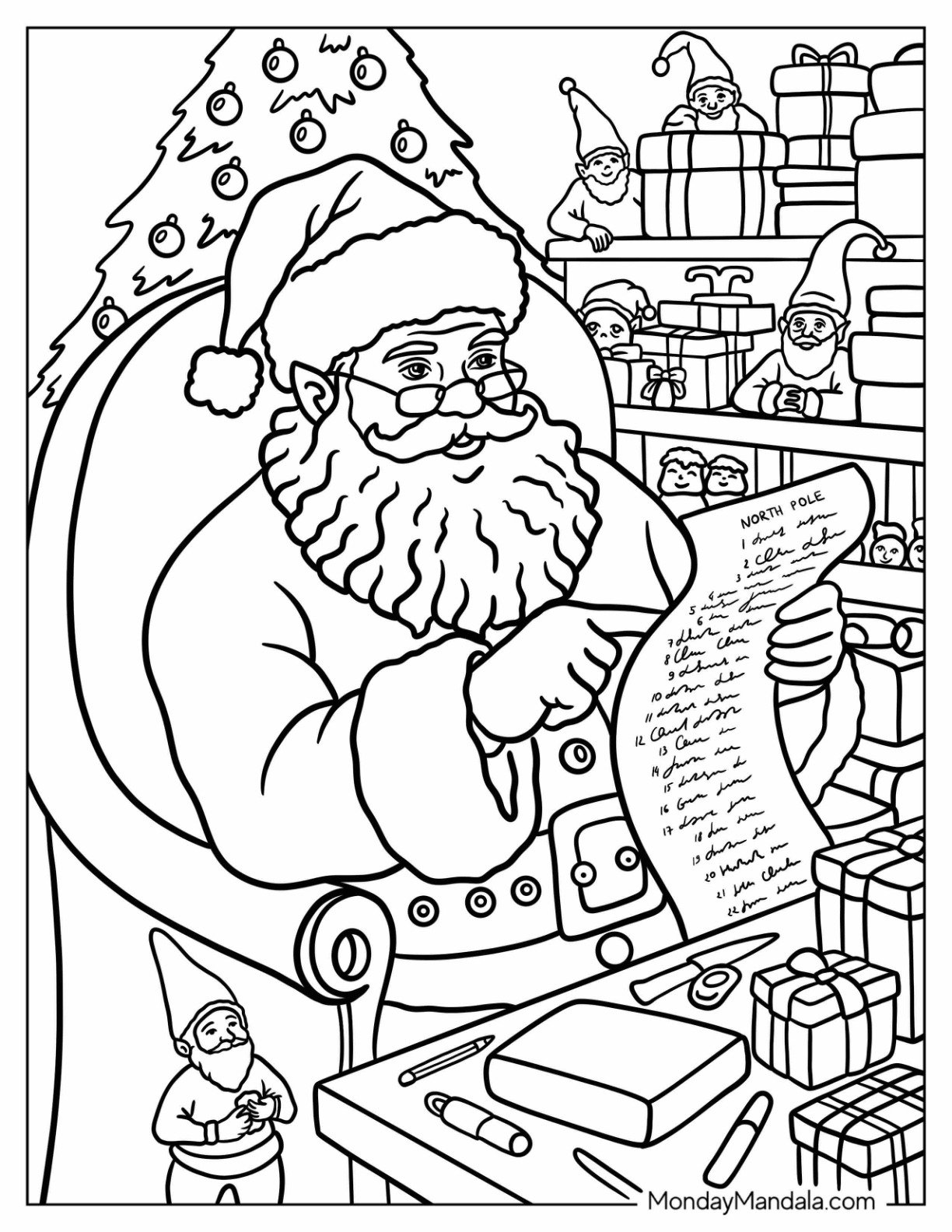 Santa Coloring Page of Claus Checking the Nice List in His Workshop