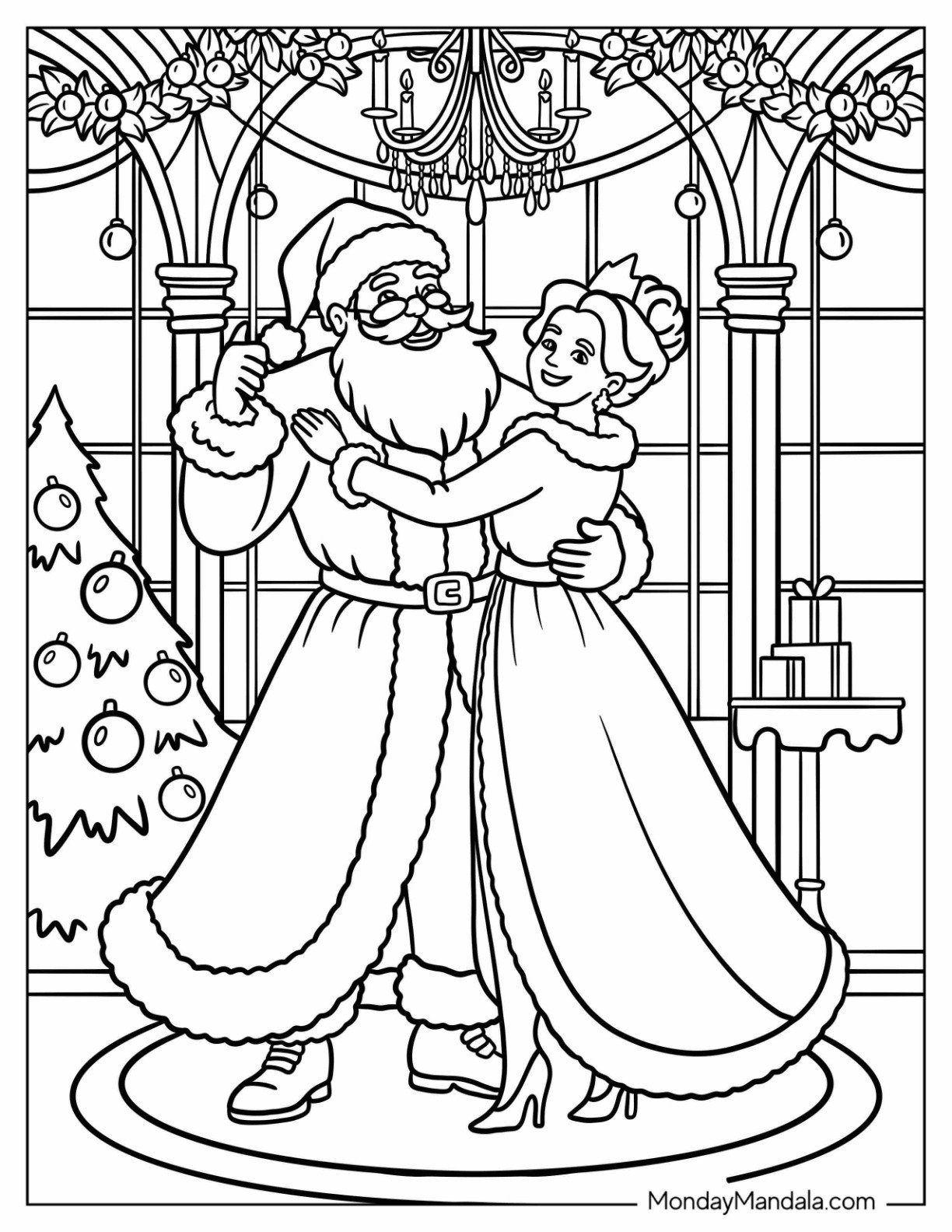 Santa Coloring Page of Claus Dancing with Mrs. Claus in Festive Ballroom