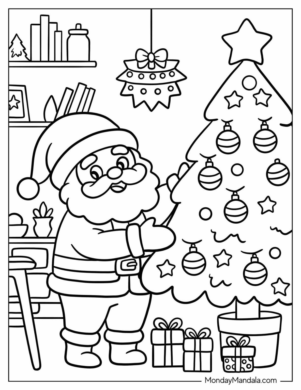 Santa Coloring Page of Claus Decorating Christmas Tree Indoors with Gifts and Ornaments for Kids