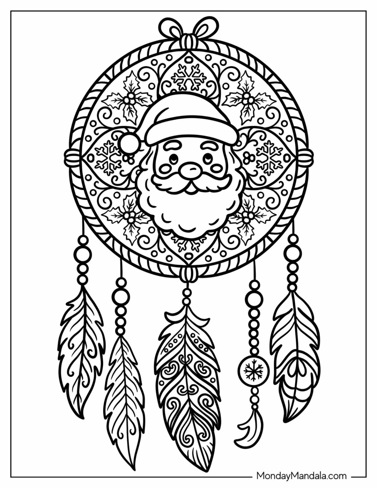 Santa Coloring Page of Claus Dreamcatcher with Feathers and Holiday Patterns