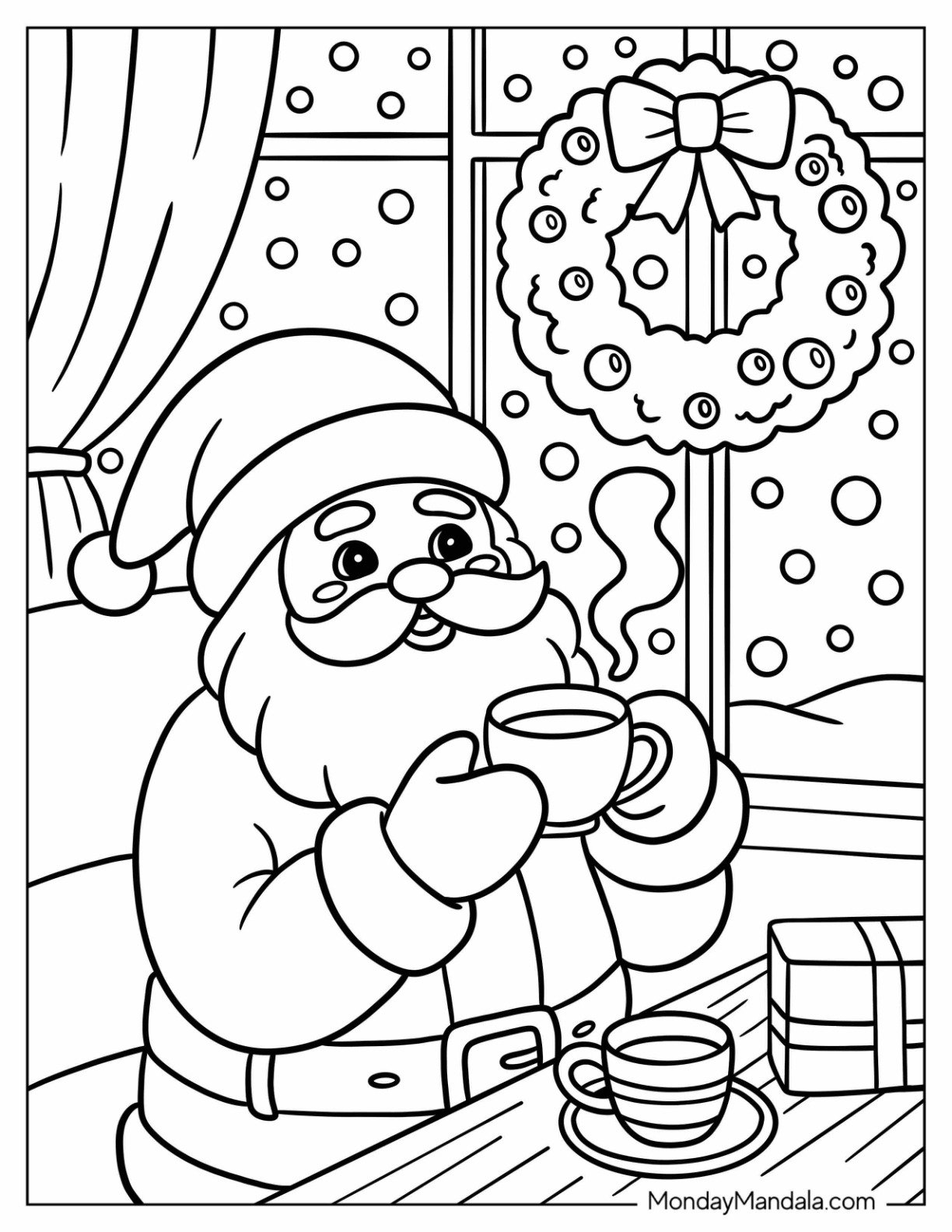 Santa Coloring Page of Claus Drinking Hot Cocoa Indoors on a Snowy Day