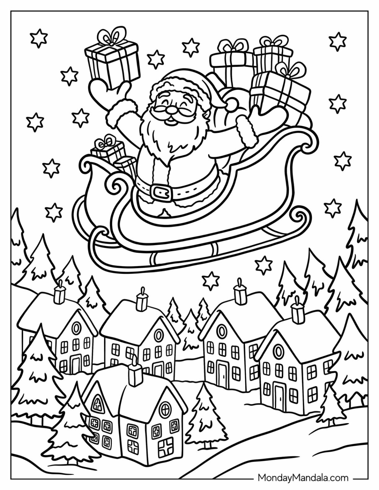 Santa Coloring Page of Claus Flying Over Town in Sleigh with Christmas Gifts
