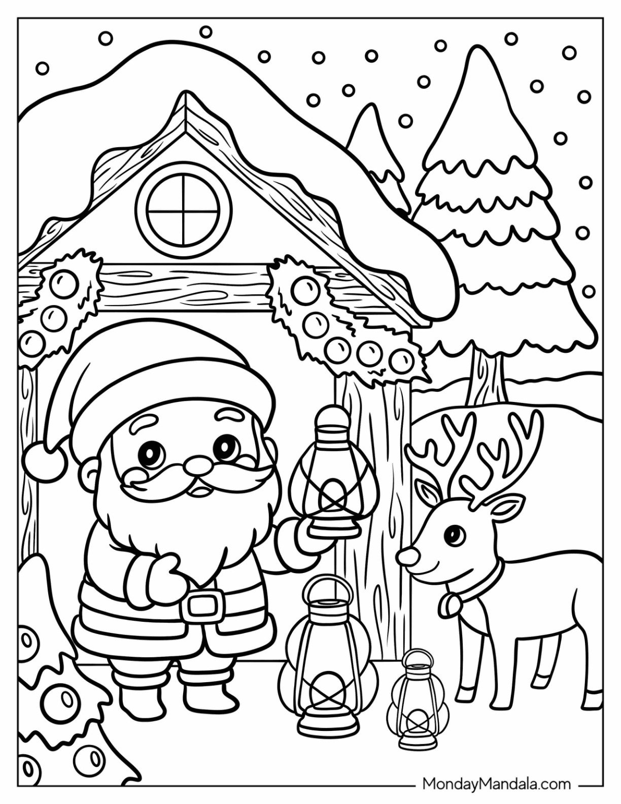 Santa Claus Holding Lantern Outside Snowy Cabin with Reindeer Coloring Page for Kids