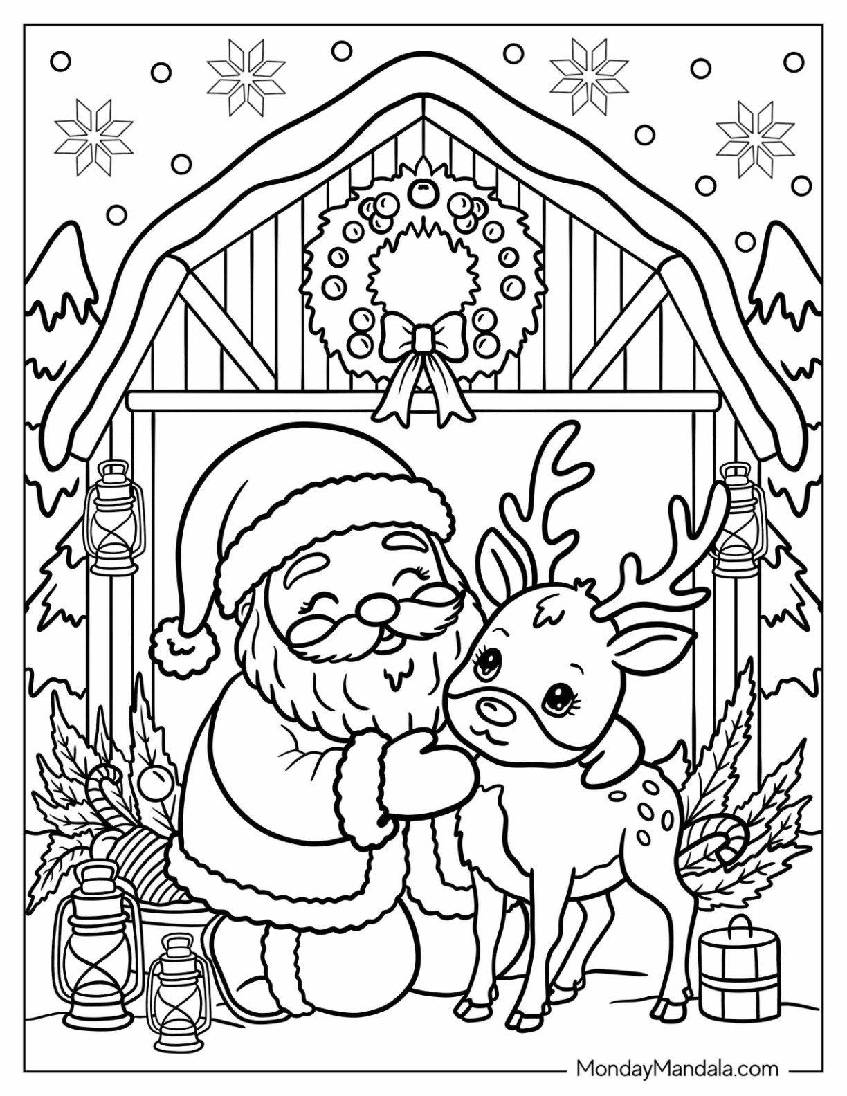 Santa Coloring Page of Claus Hugging Reindeer in Front of Christmas Barn