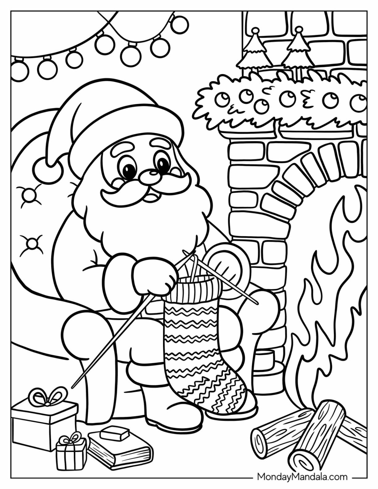 Santa Coloring Page of Claus Knitting a Christmas Stocking by the Fireplace
