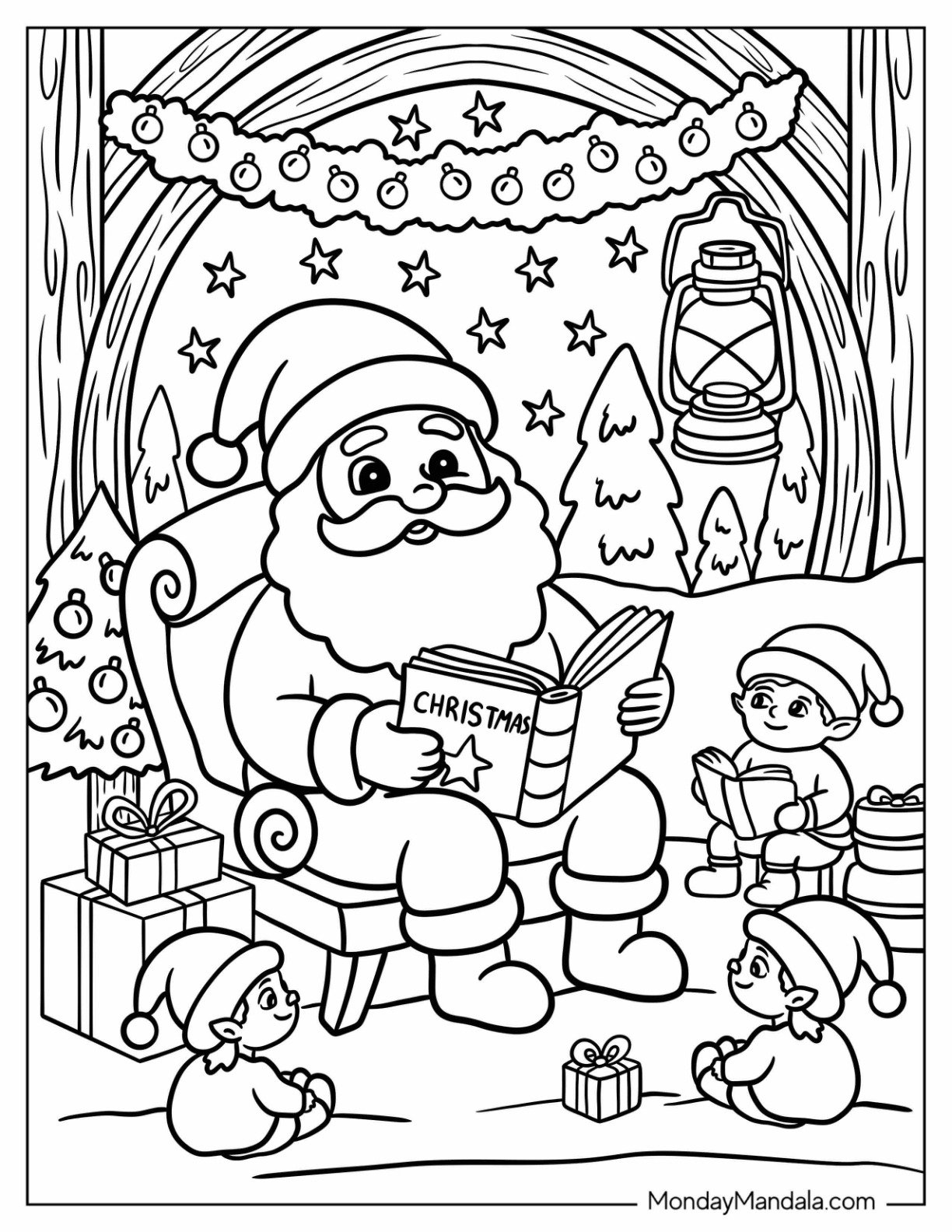 Santa Coloring Page of Claus Reading Christmas Story to Elves in Cozy Cabin