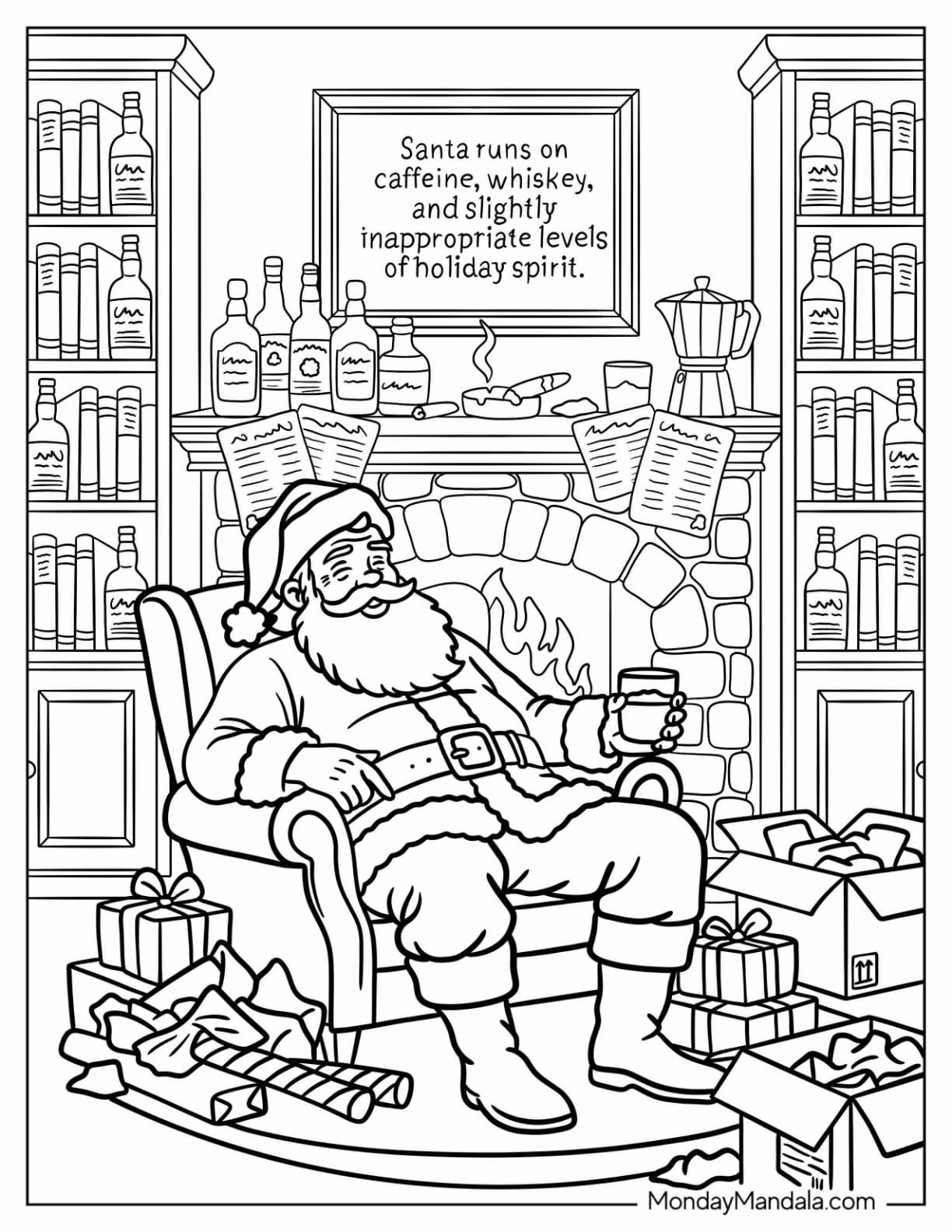 Santa Claus Relaxing by the Fireplace with a Holiday Drink and Gifts Christmas for Adults Coloring Page