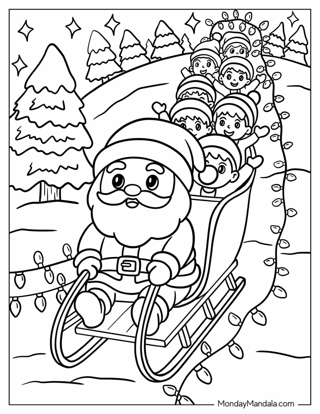 Santa Coloring Page of Claus Riding Sleigh with Elves Down Snowy Hill