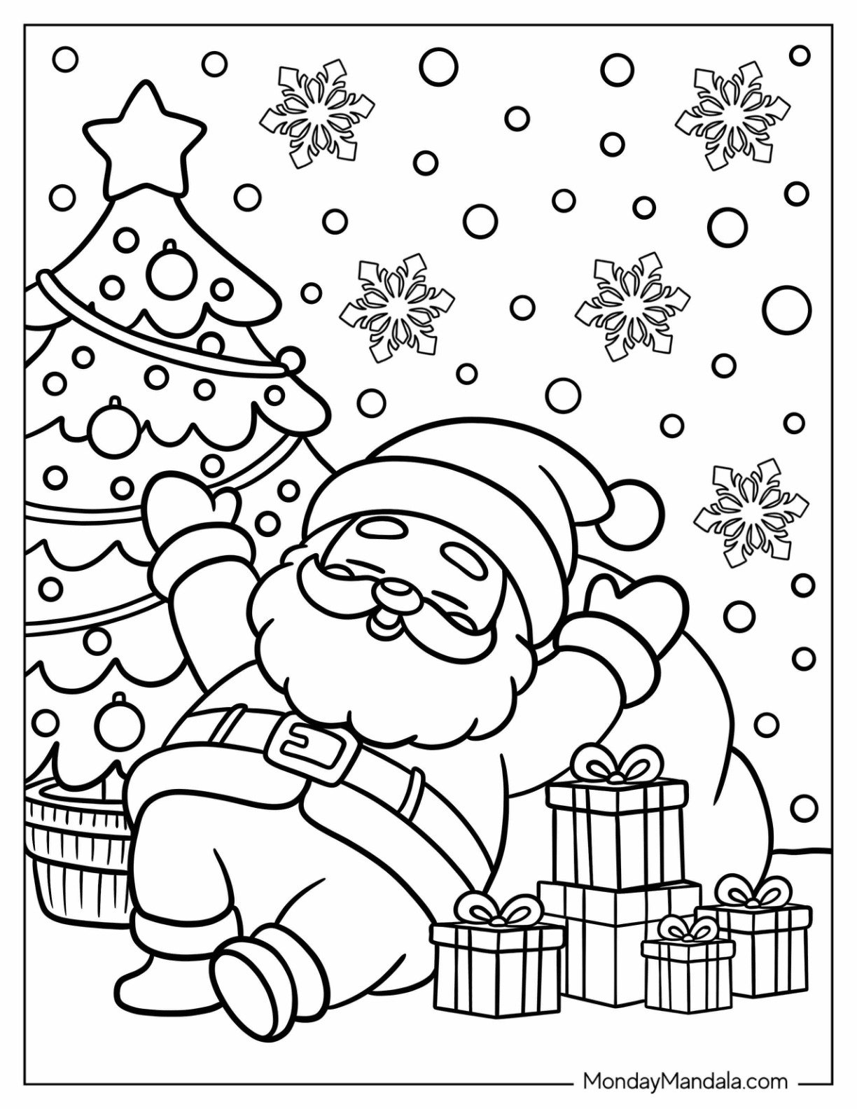 Santa Coloring Page of Claus Sitting with Gifts Under Christmas Tree for Kids