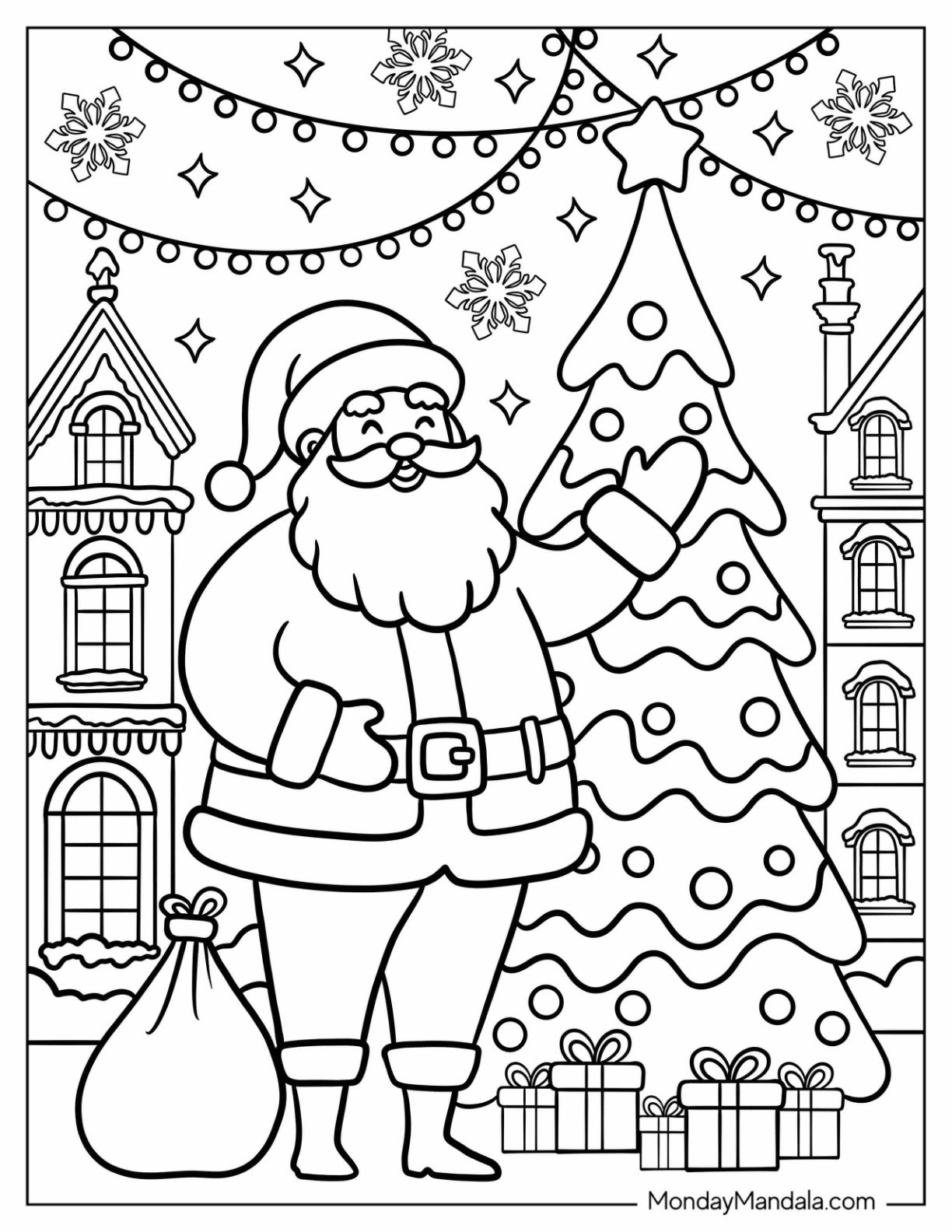 Santa Coloring Page of Claus Standing Beside Decorated Christmas Tree with Gifts