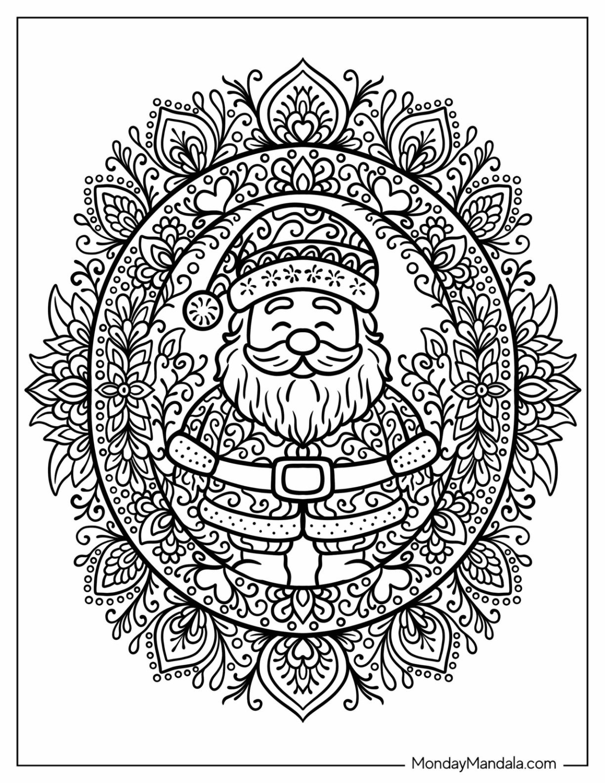 Santa Coloring Page of Claus Surrounded by Elegant Mandala Flowers and Leaves