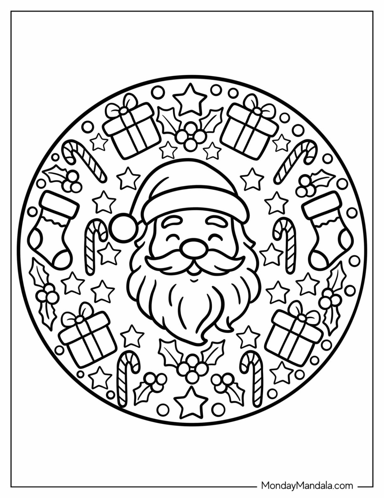 Santa Claus Surrounded by Gifts, Candy Canes, and Stockings Coloring Sheet for Preschoolers