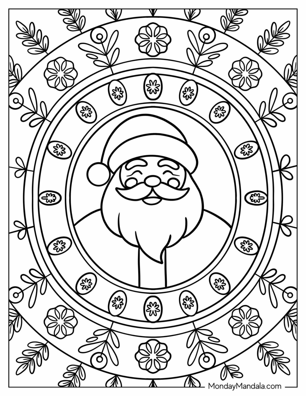 Santa Claus Surrounded by Holiday Flowers and Leaves Coloring Sheet