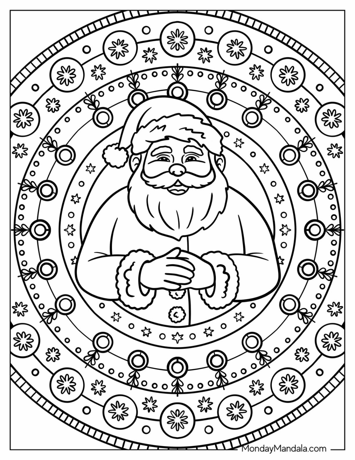 Santa Claus Surrounded by Holiday Ornaments in Circular Mandala Coloring Page
