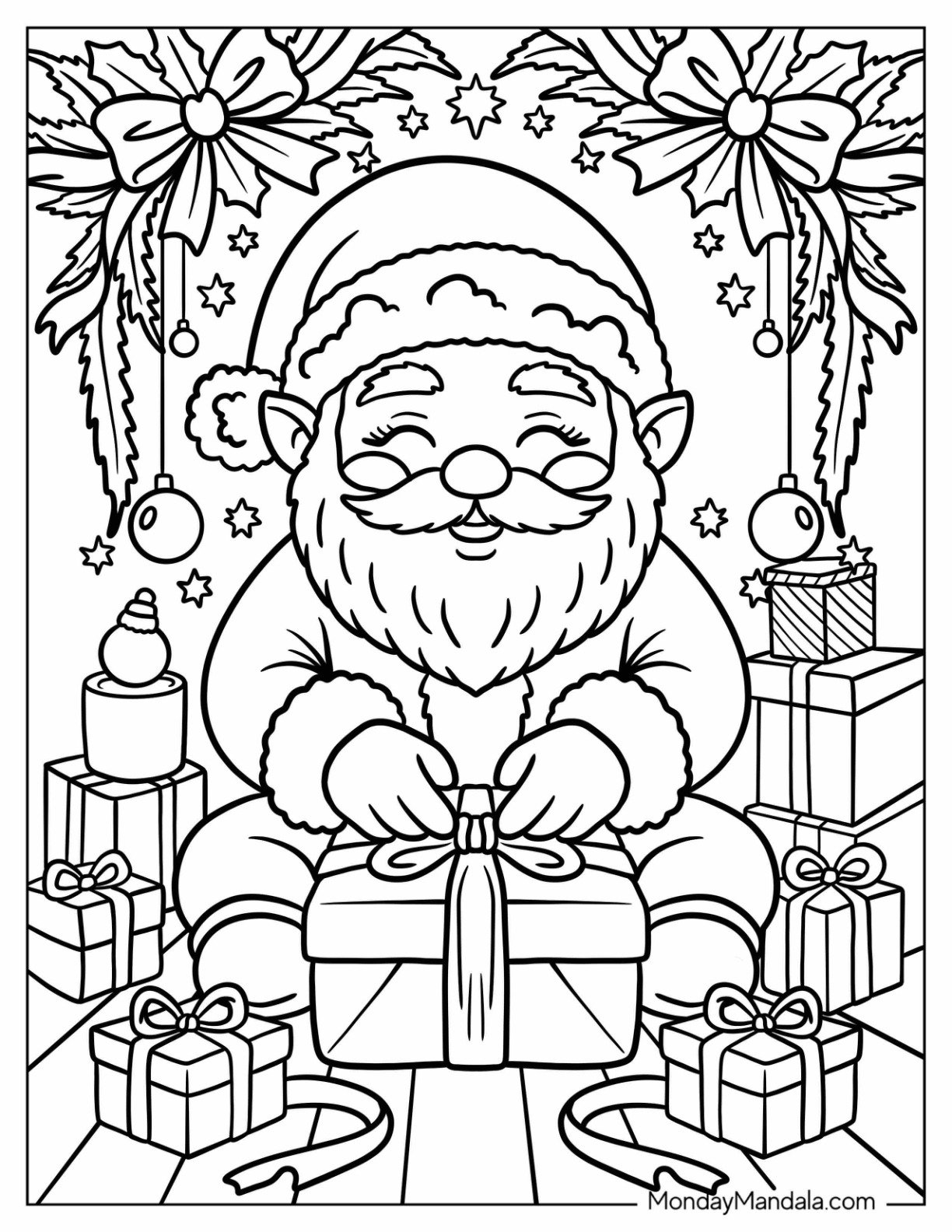 Santa Coloring Page of Claus Wrapping Christmas Gifts Surrounded by Presents