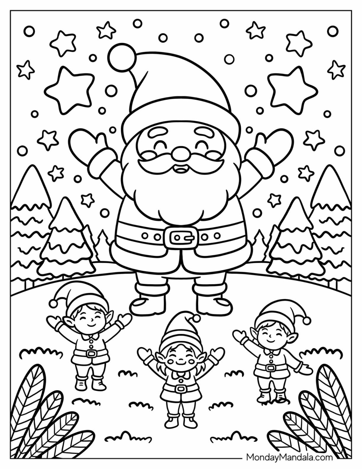 Santa Coloring Page of Claus and Christmas Elves Celebrating Under Starry Sky for Kids