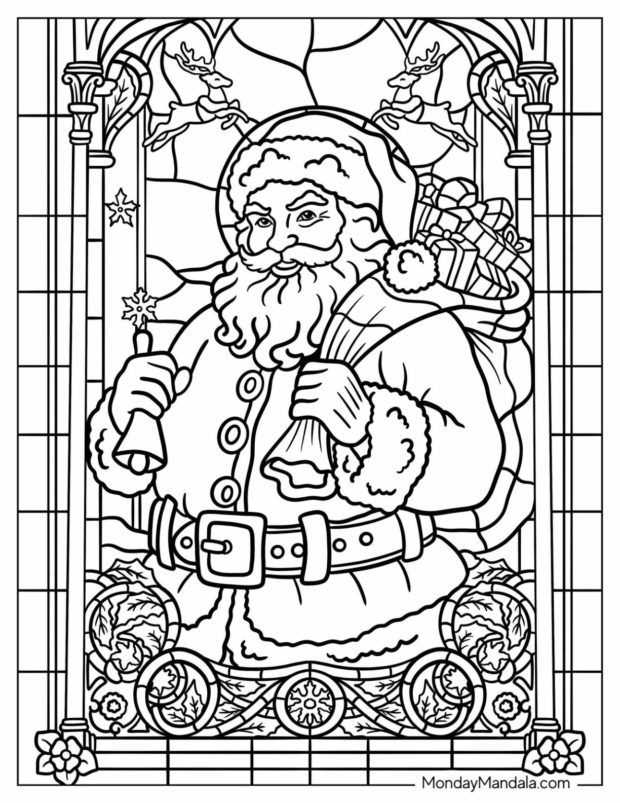 Santa Claus with Gifts and Reindeer Stained Glass