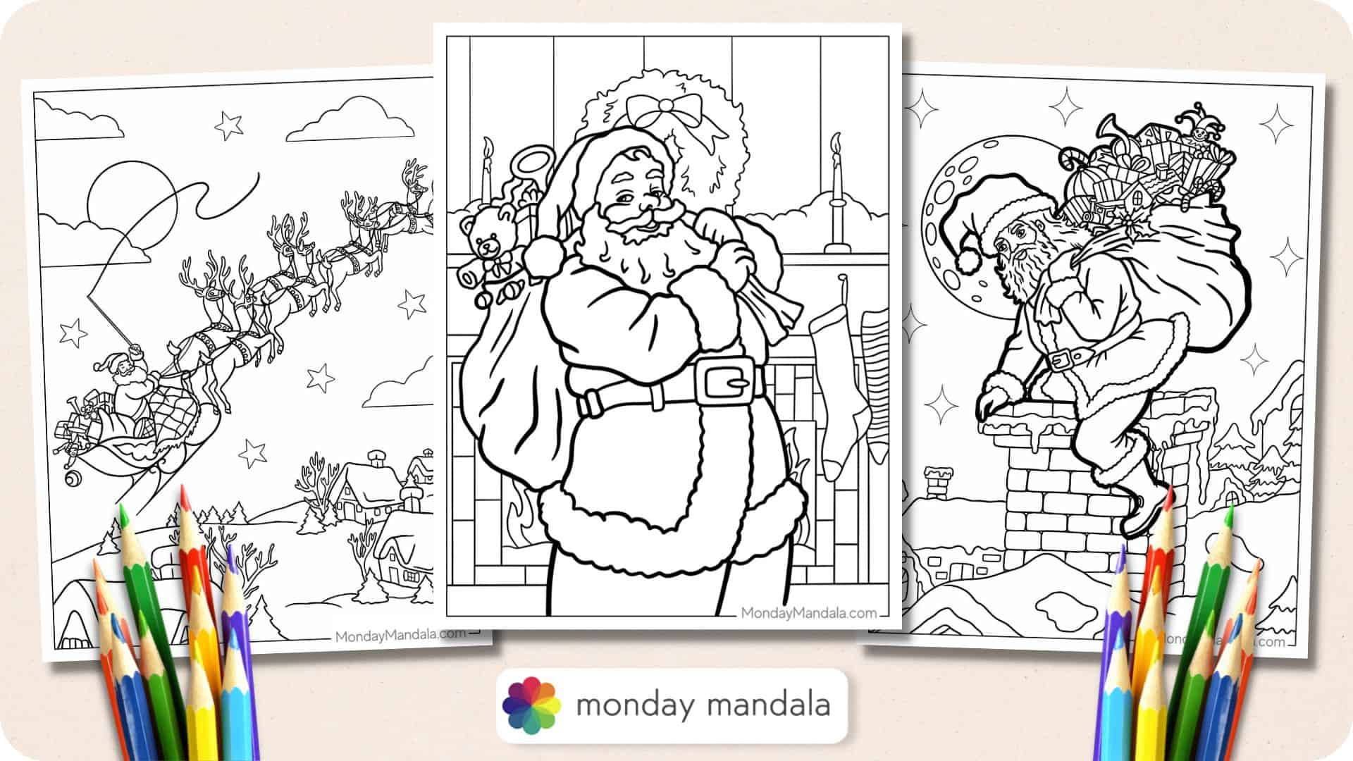 santa and reindeer flying coloring pages