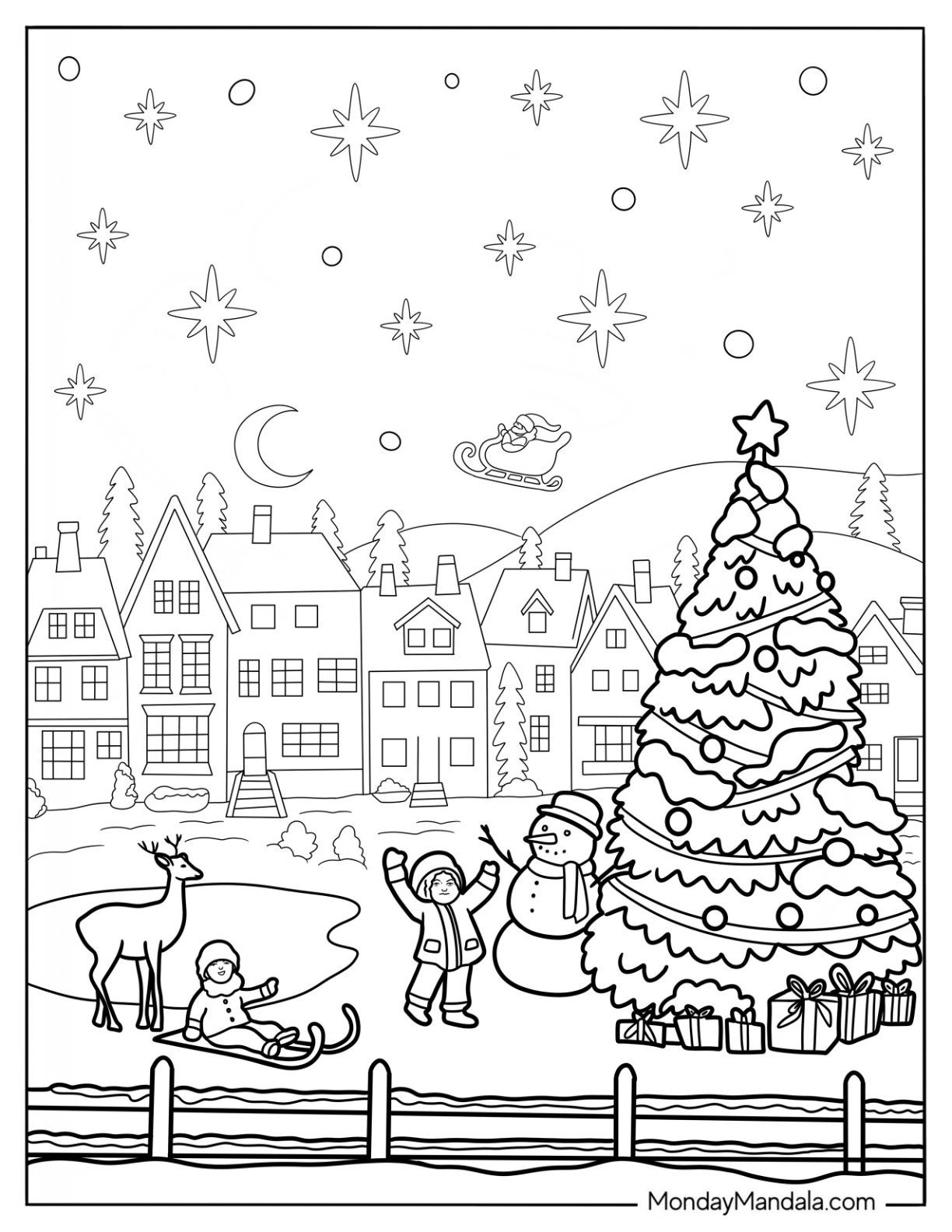Santa Flying Over A Town In Winter Coloring Page