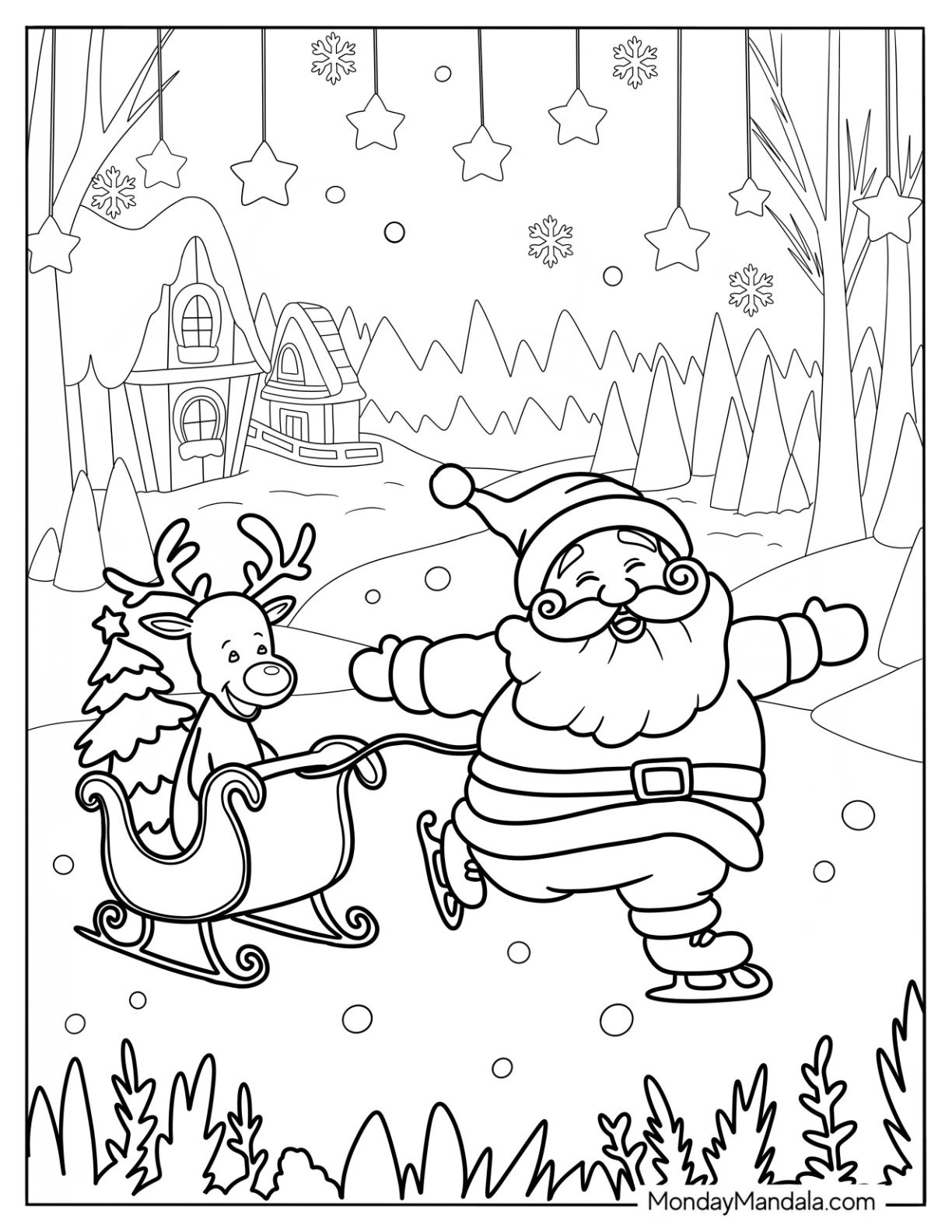 Winter Coloring Page Of Santa Ice Skating With Rudolph In A Sleigh