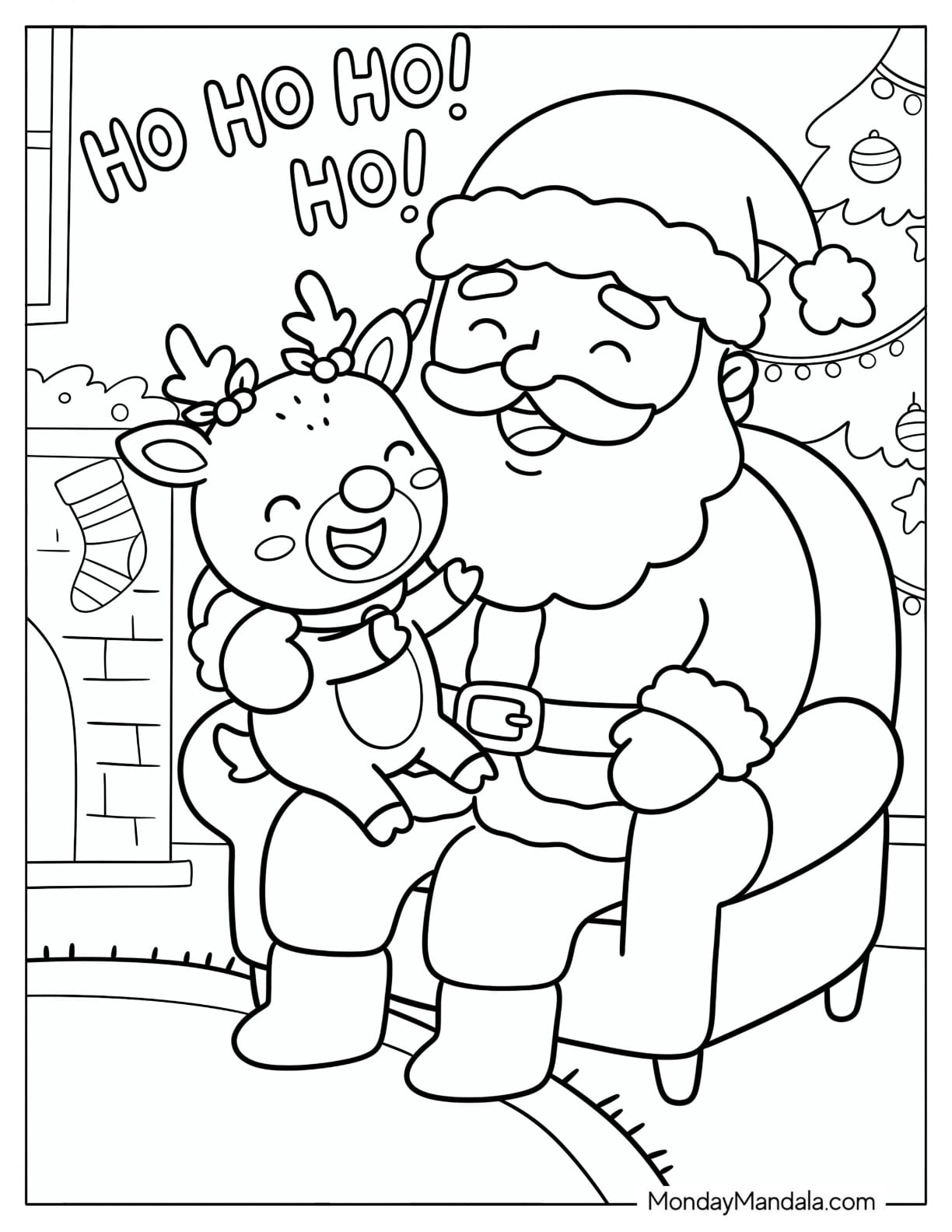 Santa Laughing with Baby Rudolph Coloring Page for Kids