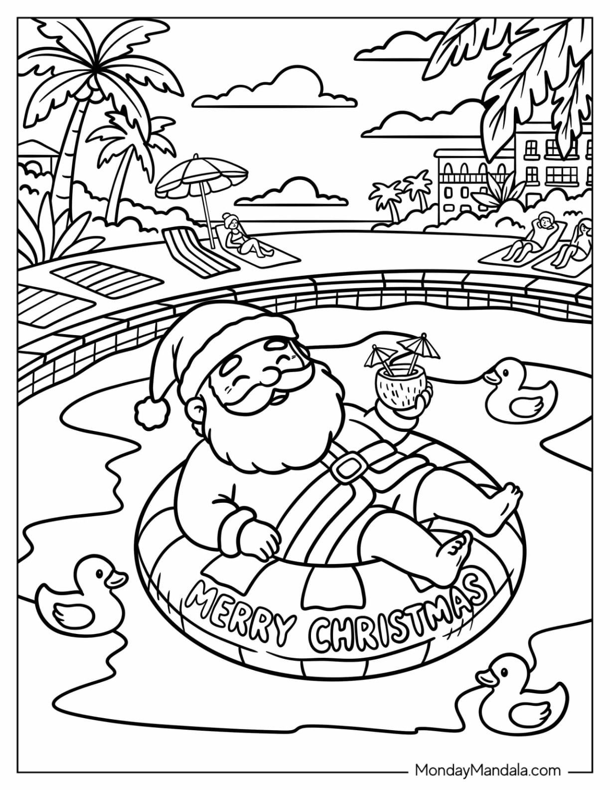 Christmas in July Coloring Page of Santa Relaxing in Pool Float at Tropical Resort