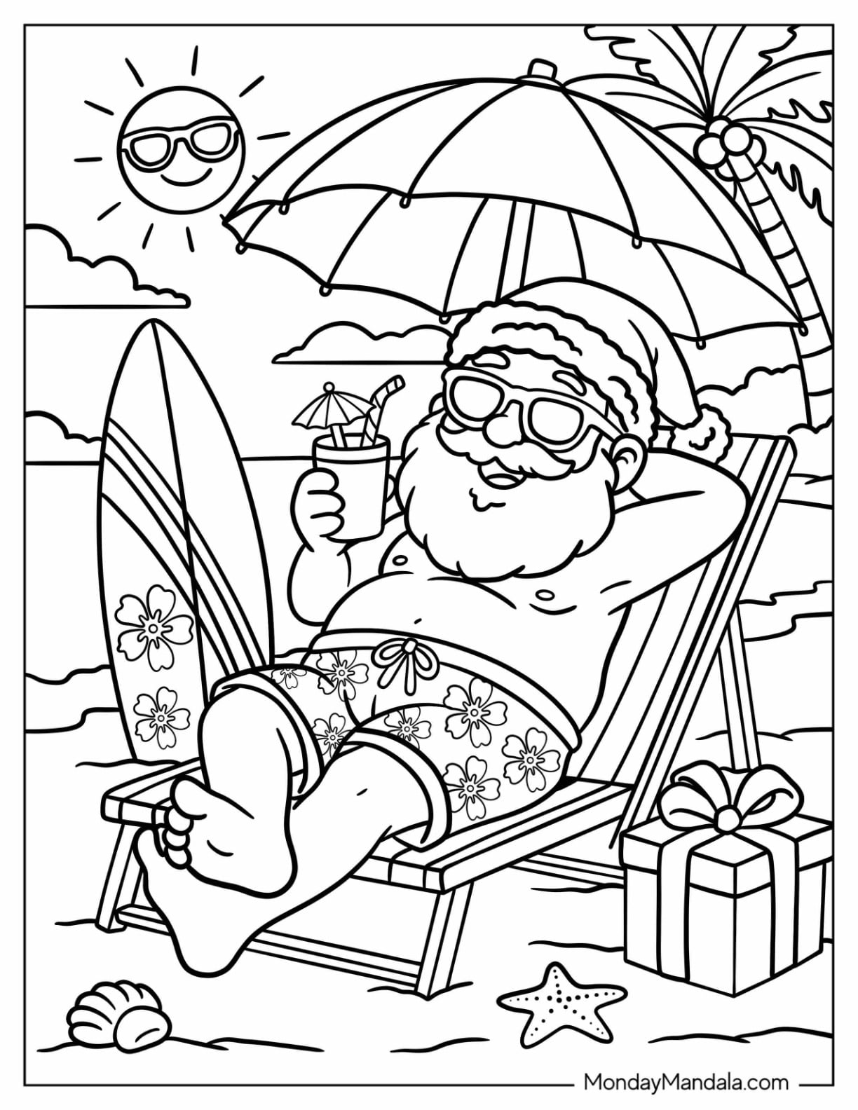 Santa Relaxing on a Beach Chair for Christmas in July Coloring Page