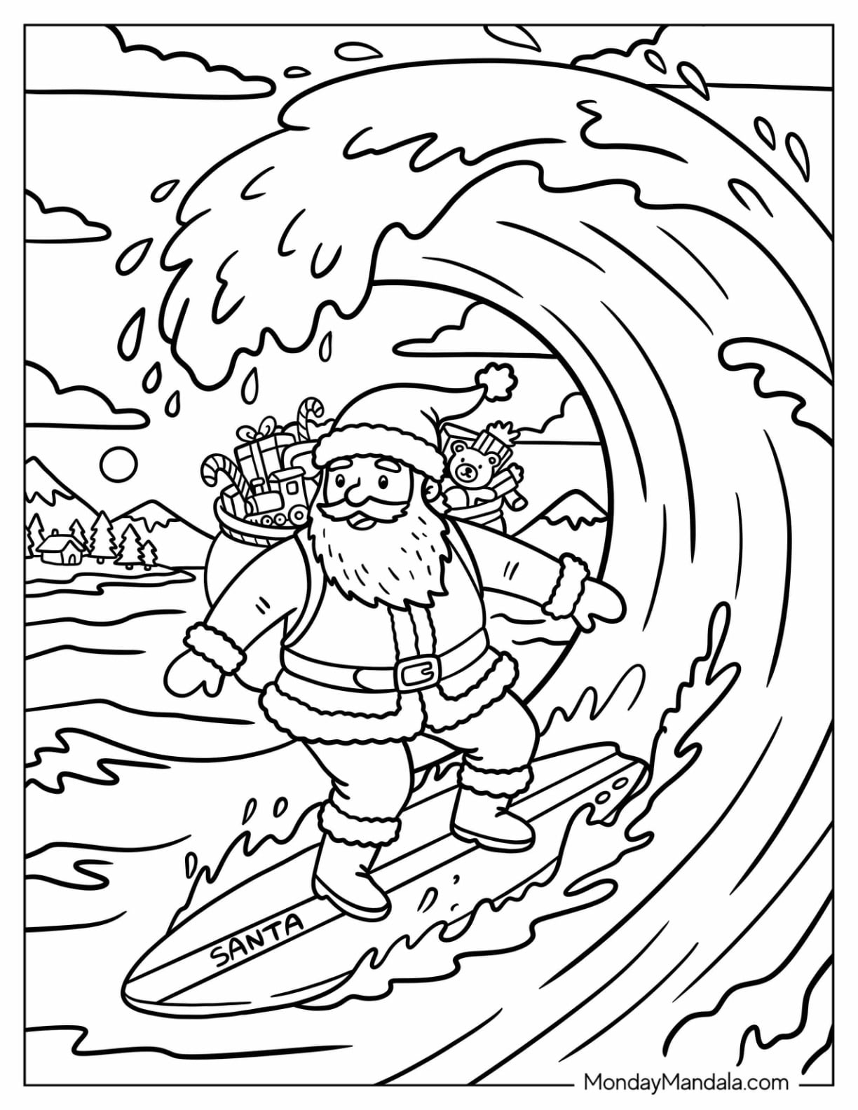 Christmas in July Coloring Page of Santa Sleeping in a Hammock Between Palm Trees