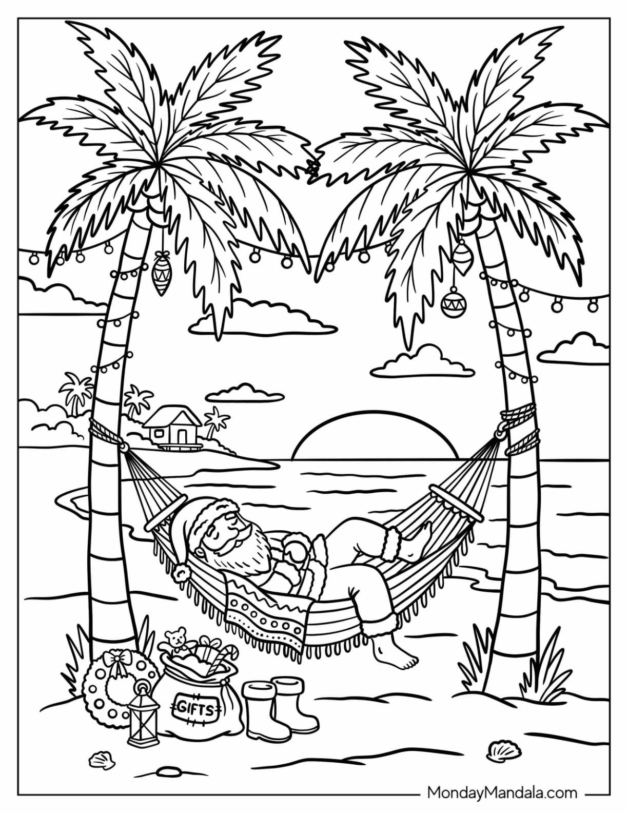 Christmas in July Coloring Page of Santa Sleeping in a Hammock Between Palm Trees