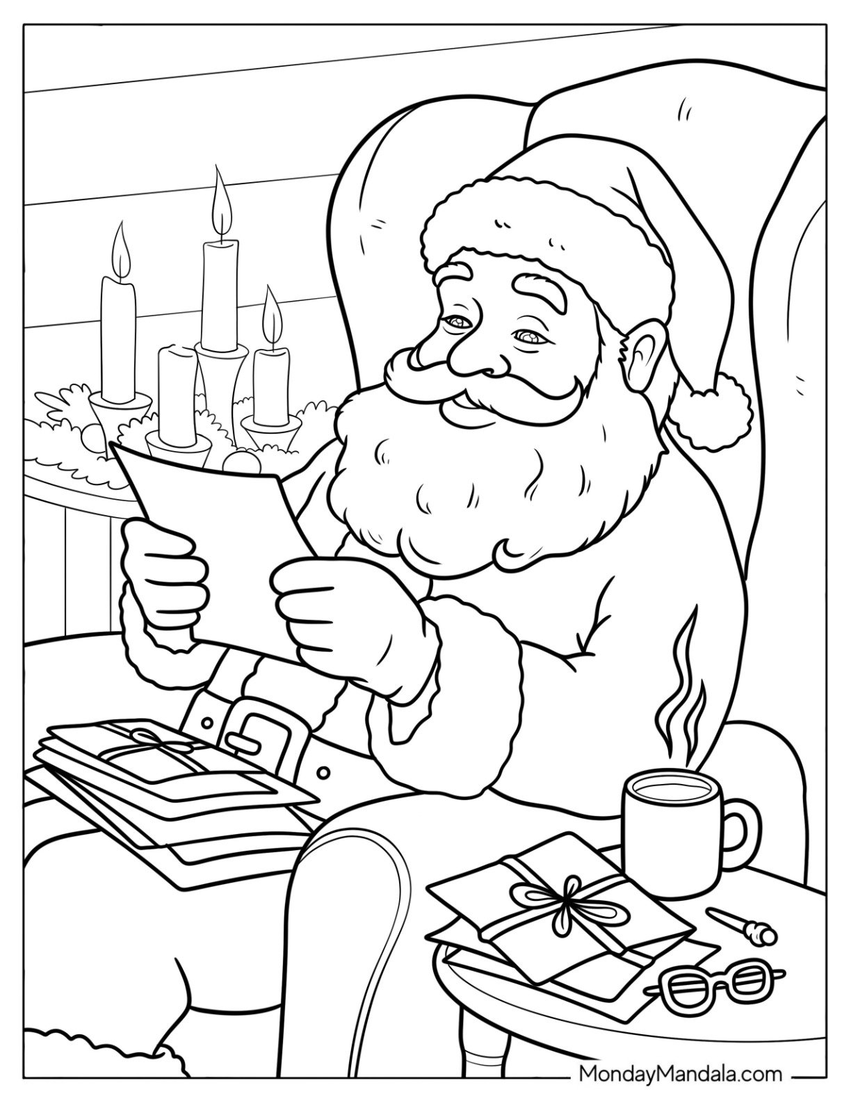Santa Smiling as He Reads Christmas Wishes Coloring Sheet
